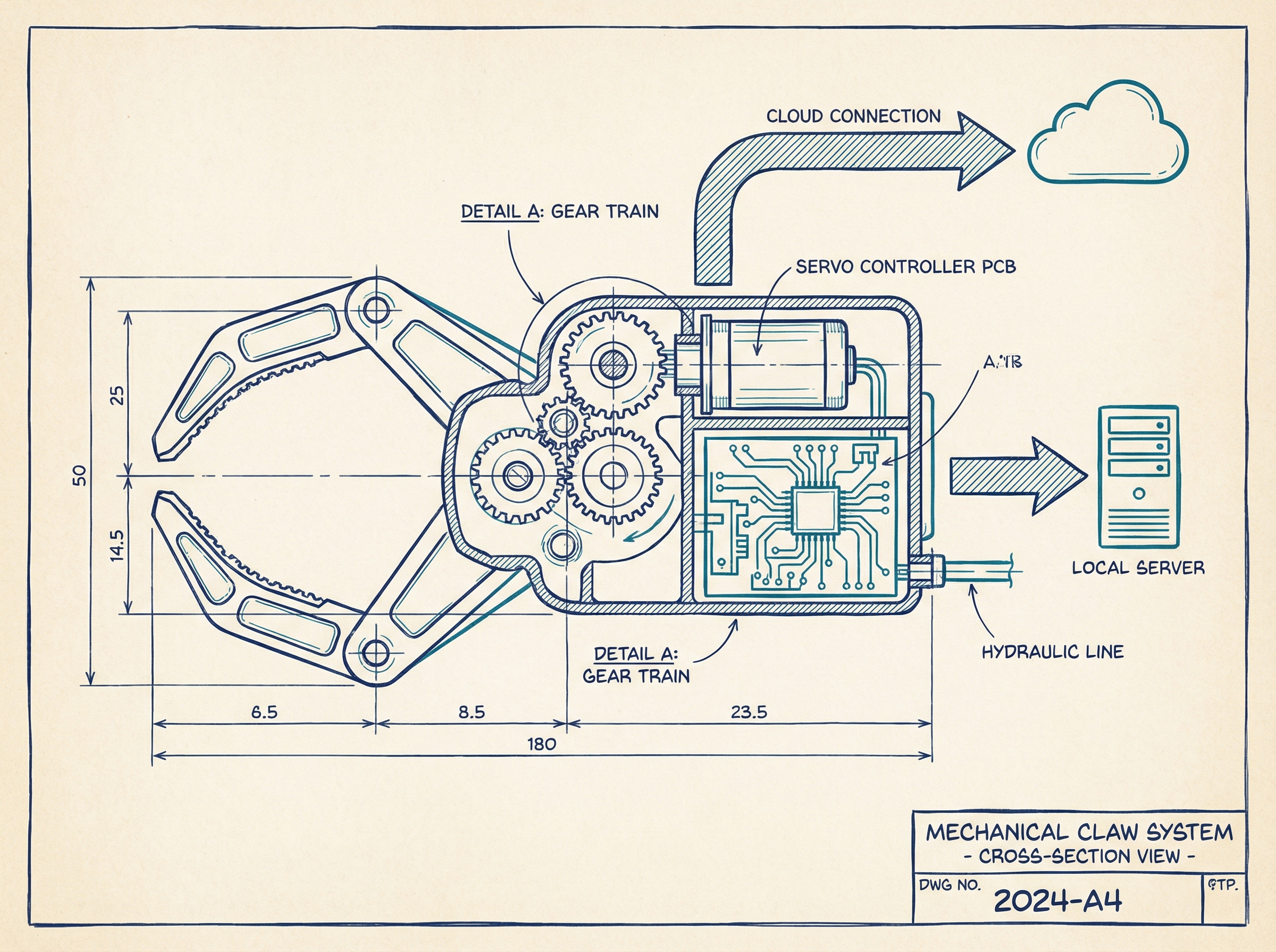 Cross-section blueprint of a mechanical claw system showing internal circuit pathways