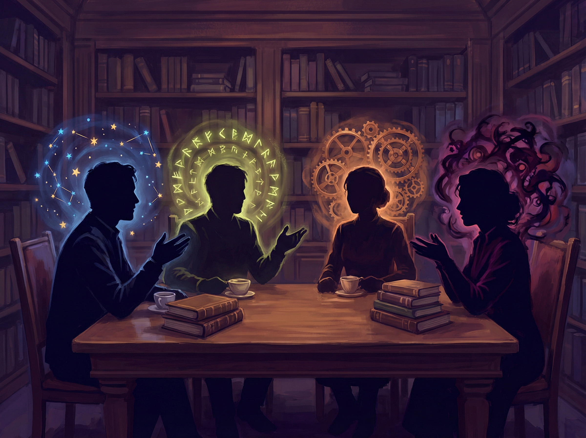 Four author silhouettes in conversation, each with distinct auras