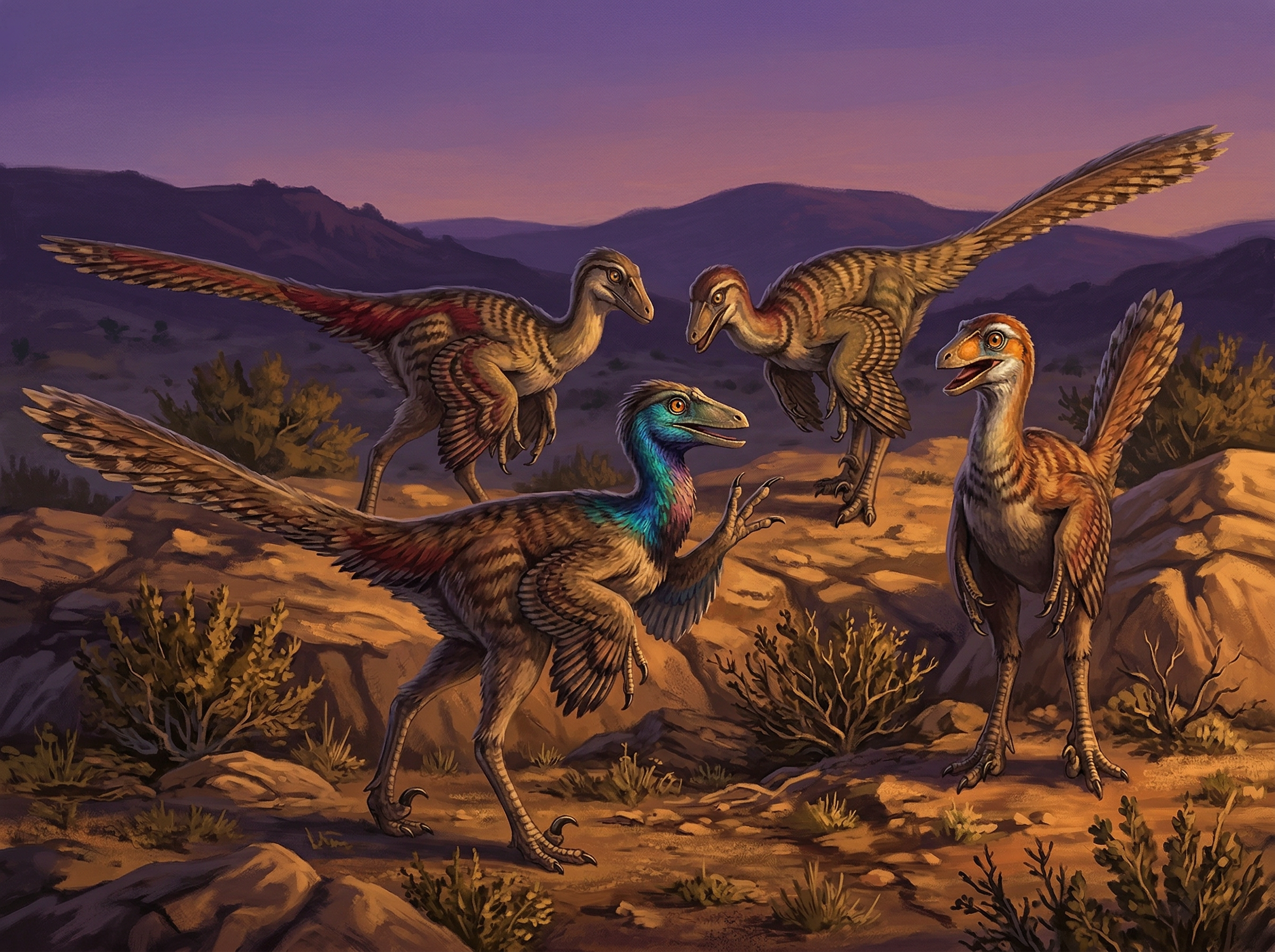 A speculative intelligent dinosaur: a large feathered bipedal troodontid with expressive eyes, horizontal posture, and a long balancing tail