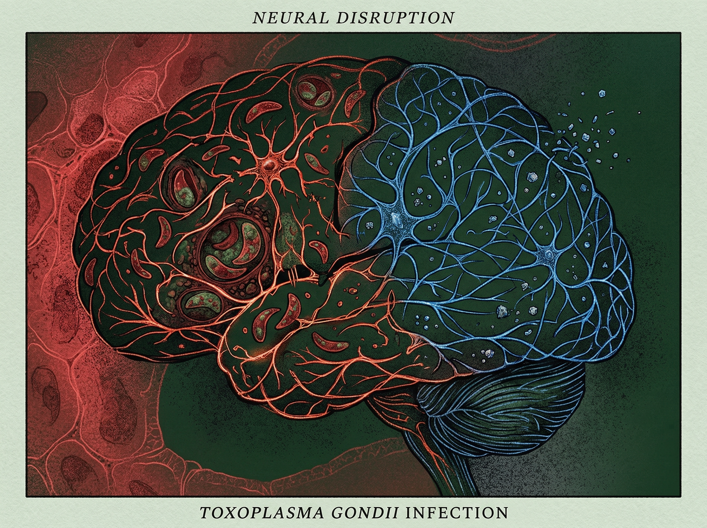 Abstract visualization of a human brain silhouette with neural pathways being disrupted by microscopic particles and parasitic organisms