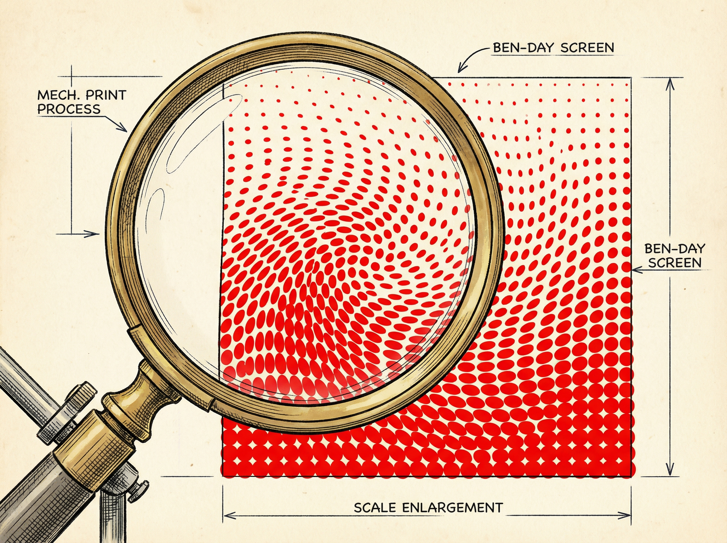 Extreme close-up of Ben-Day dots transitioning from small to large in a hypnotic halftone pattern, magnifying glass revealing the printing process