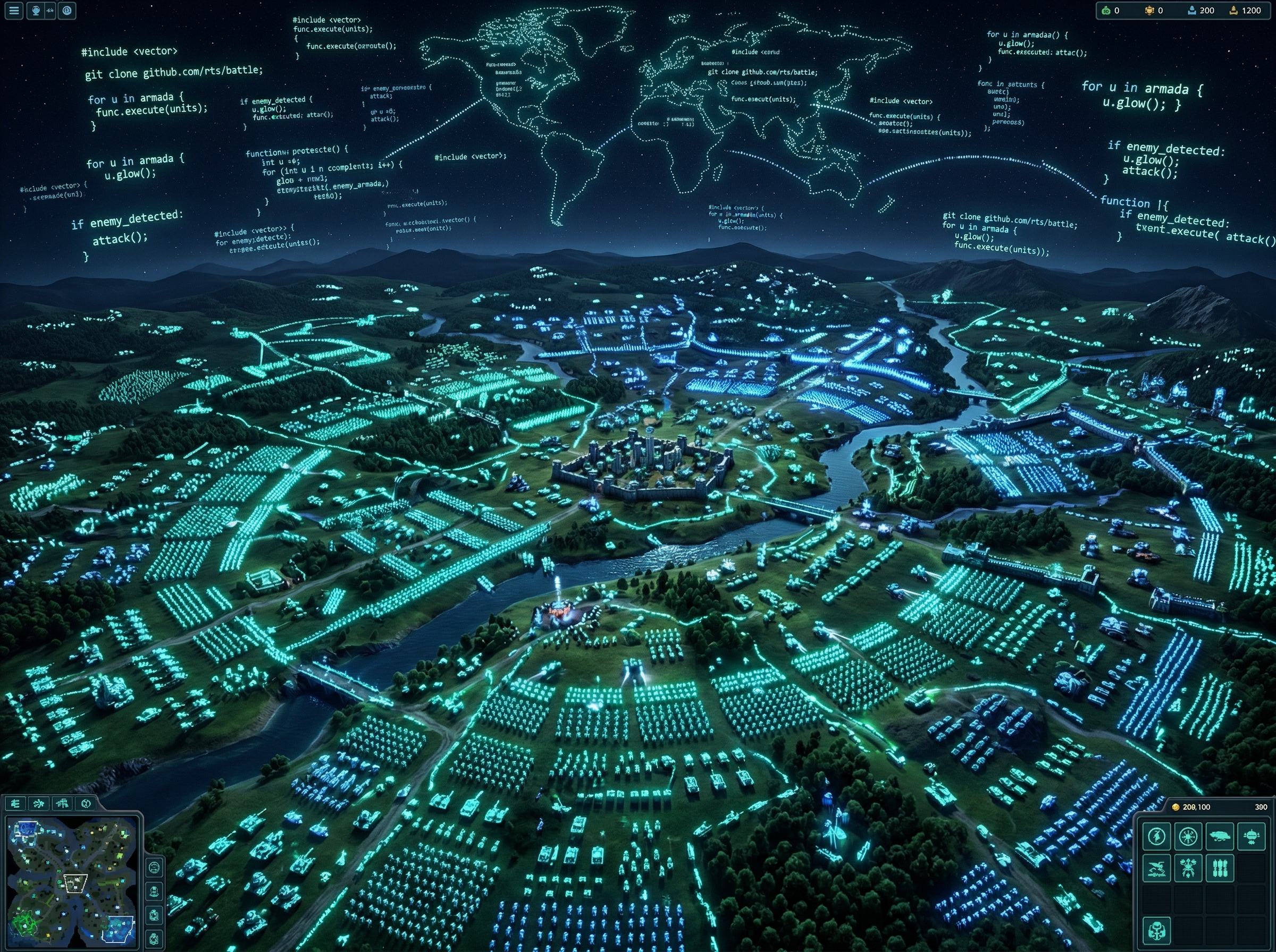 Massive birds-eye battlefield with thousands of glowing units forming intricate patterns across a verdant landscape