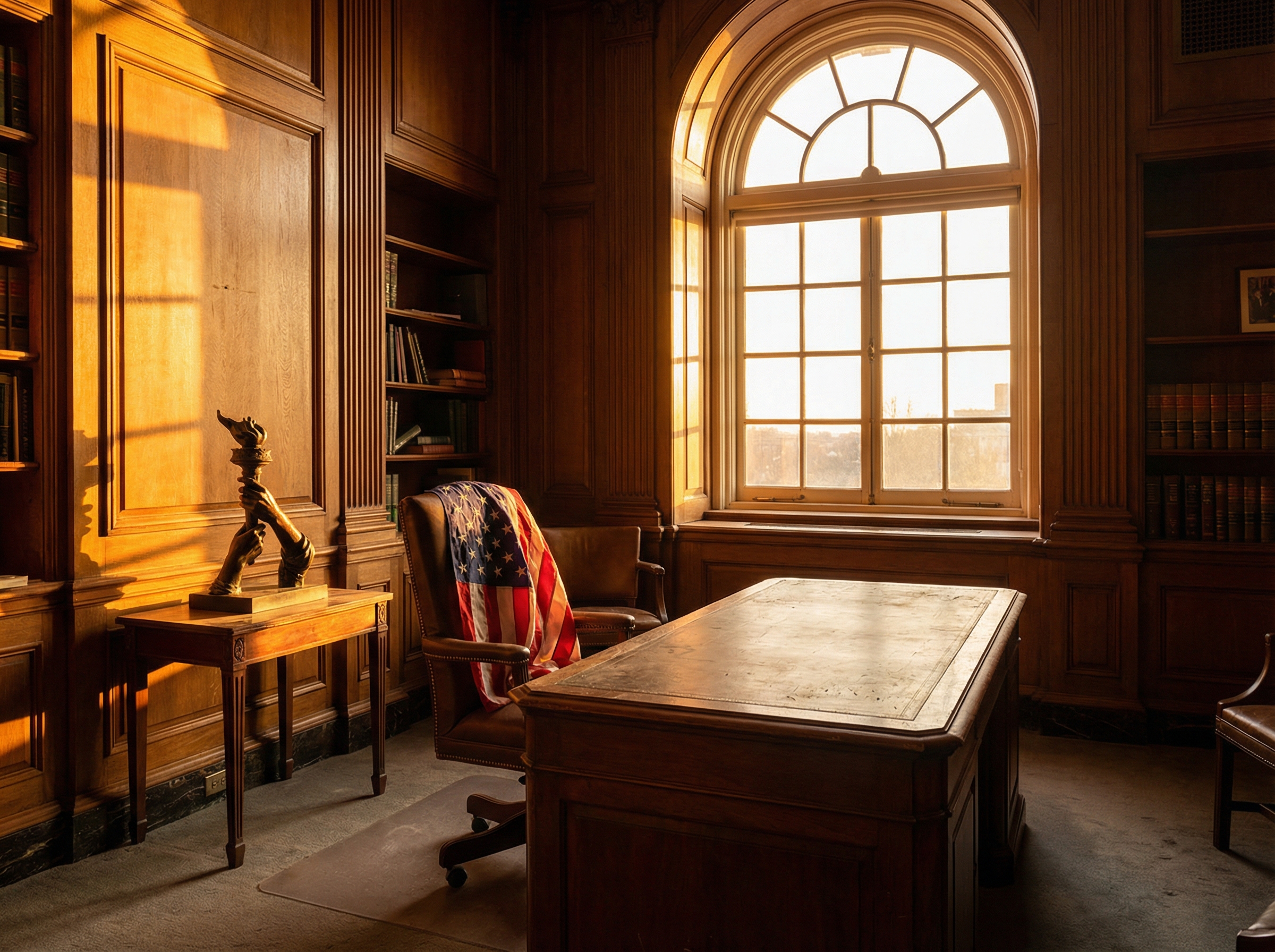 Empty congressional desk with American flag, sunset light streaming through window