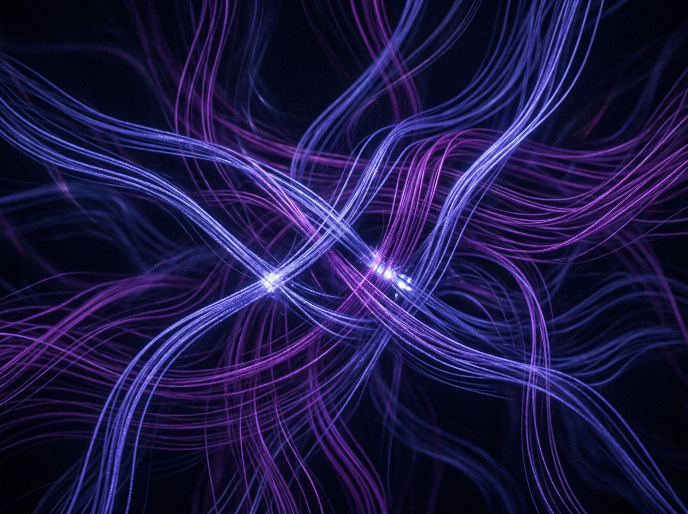 Abstract glowing threads weaving through dark space, representing concurrent execution