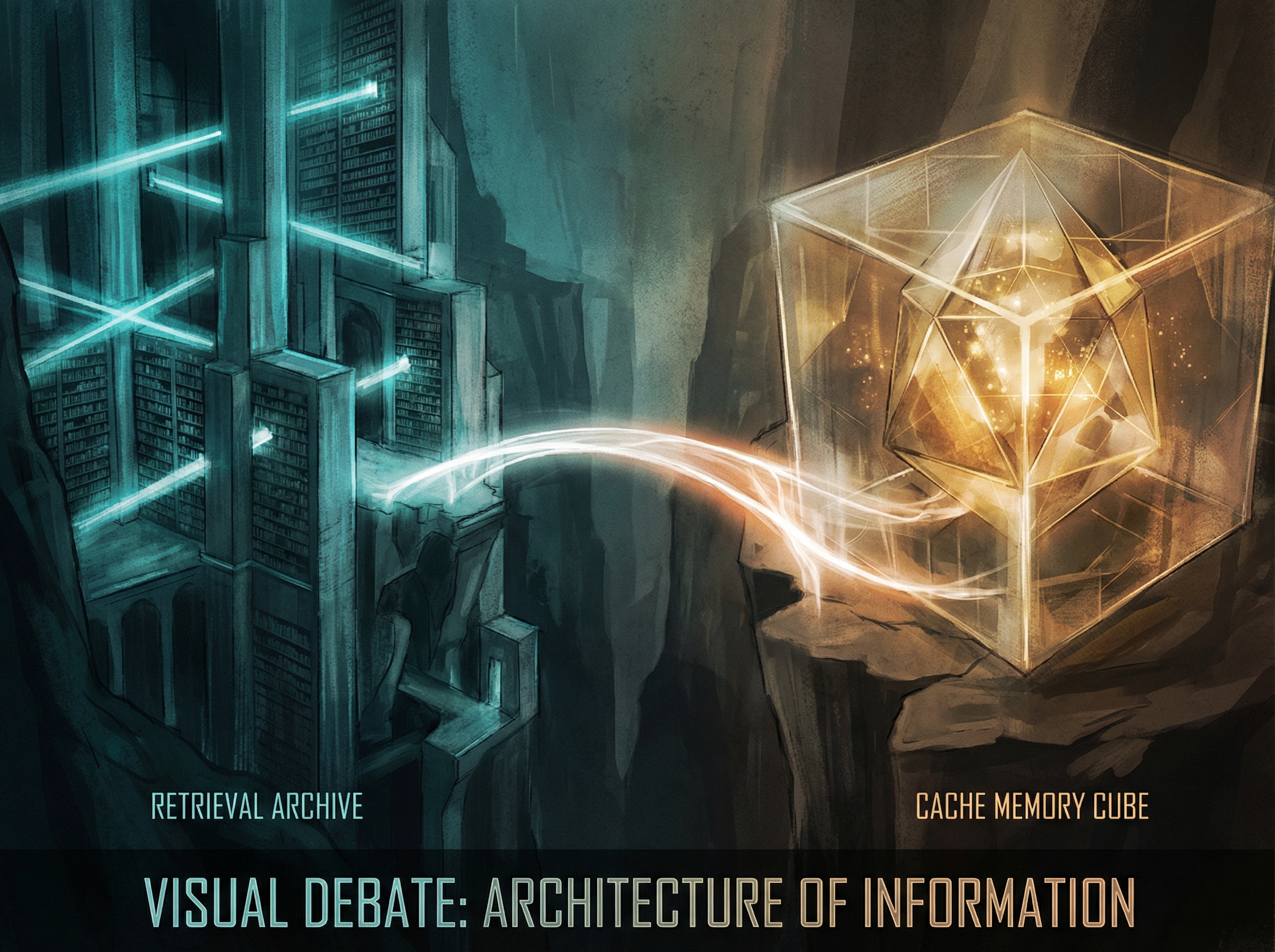 Two architectural forms facing each other: a vast archive with search beams versus a compact crystalline memory cube