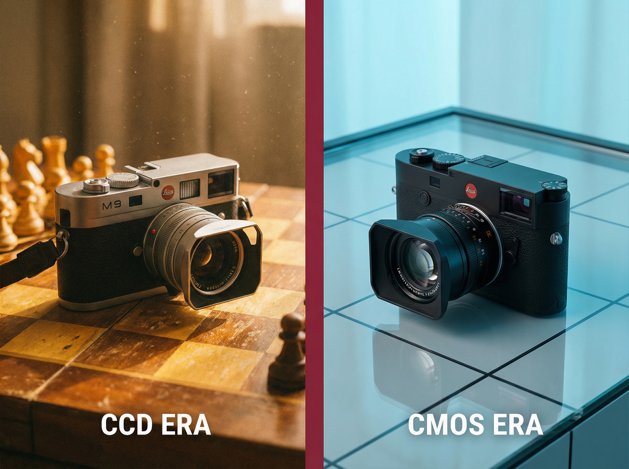 Split composition showing warm CCD-era tones versus clinical CMOS precision