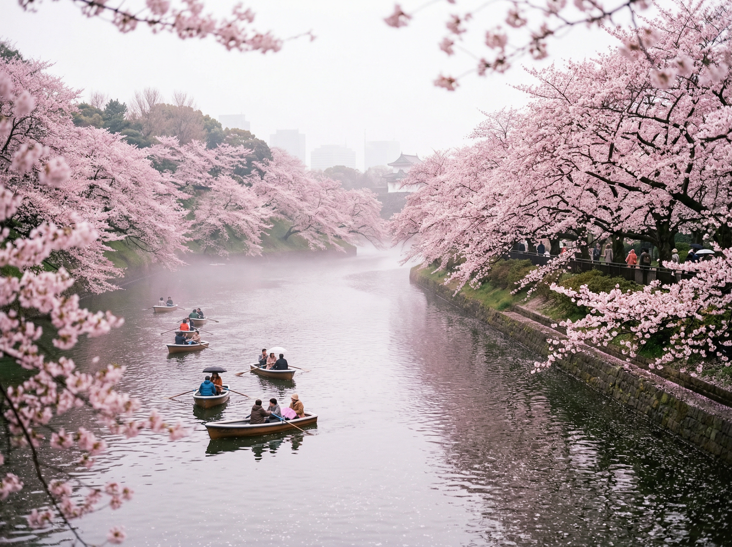 Cherry blossom trees in full bloom along the Chidorigafuchi moat with rowboats on calm water