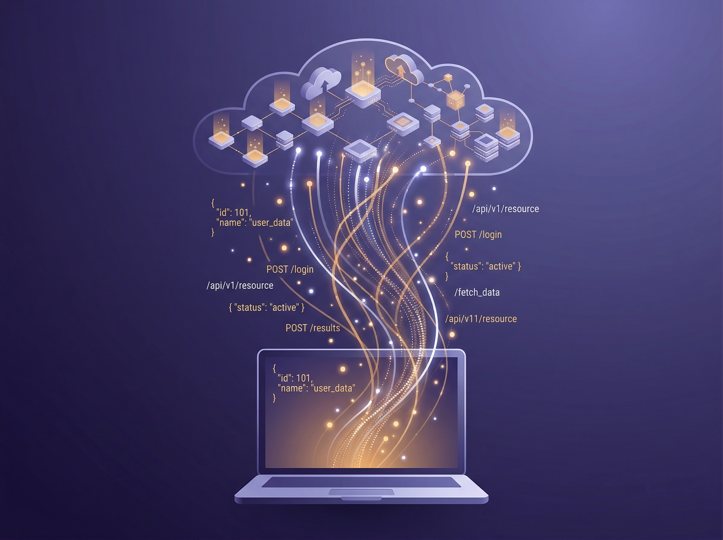 Abstract visualization of cloud computing with data streams and API connections