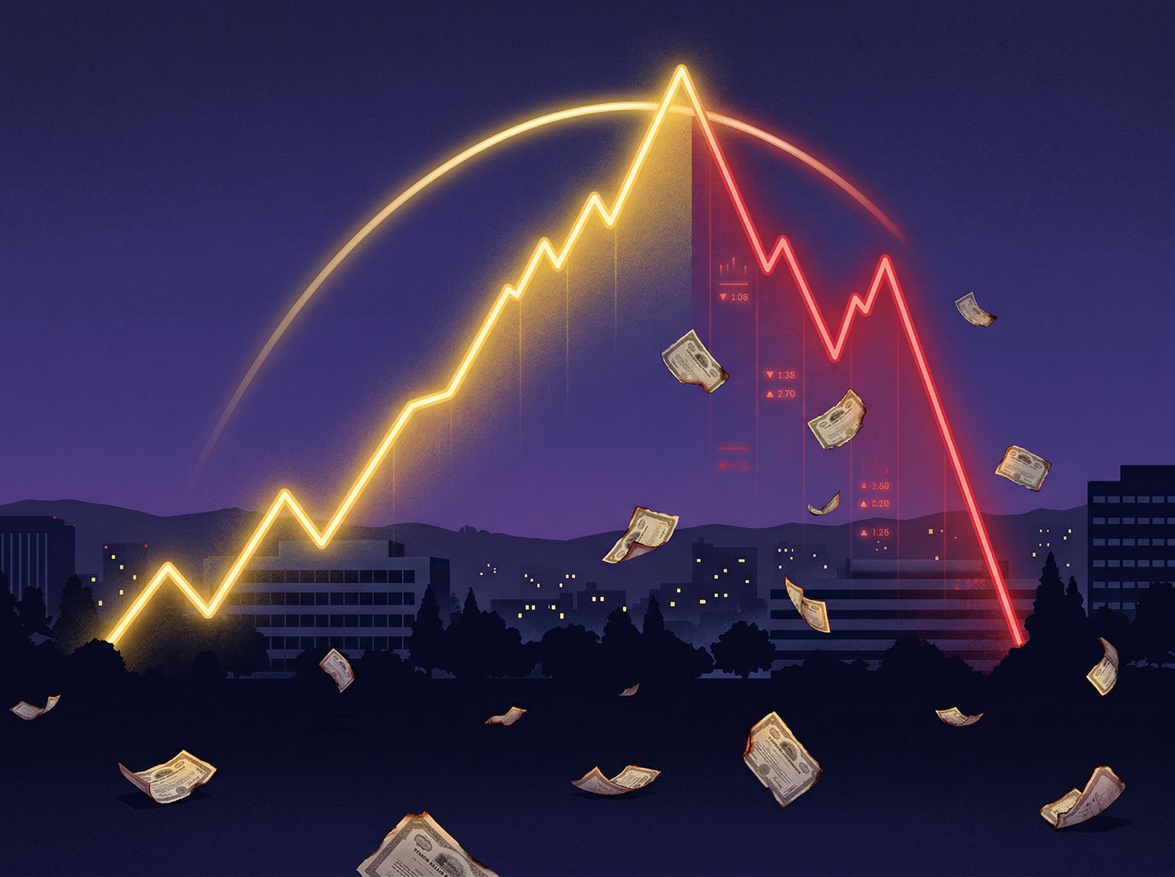 A dramatic stock chart arc rising then plummeting against a Silicon Valley skyline at dusk