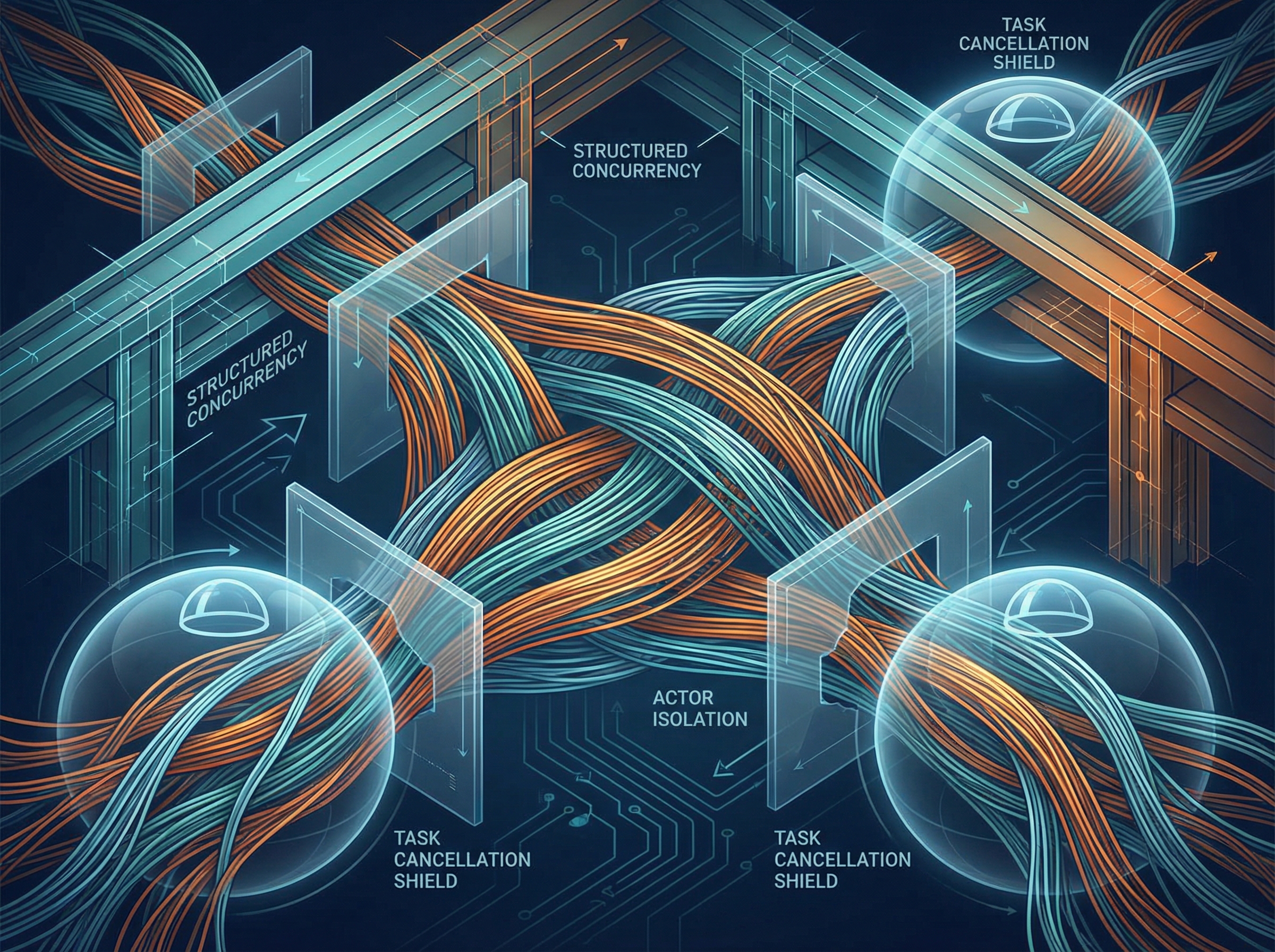Abstract visualization of concurrent tasks weaving through actor isolation barriers