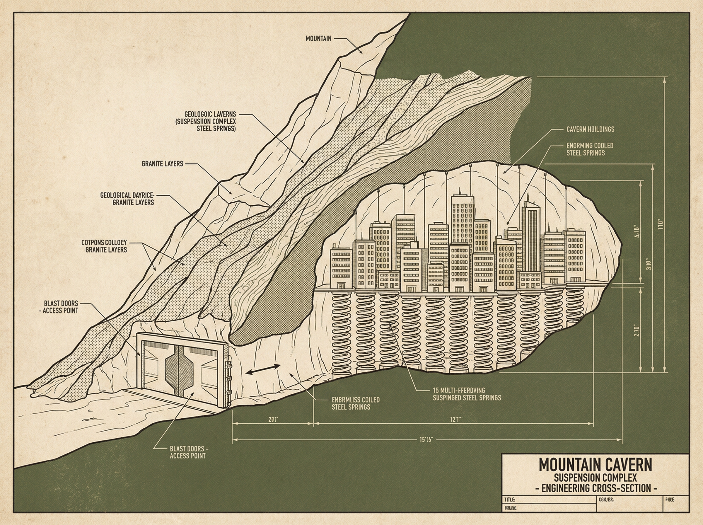 Cross-section cutaway illustration of a mountain with buildings suspended on giant steel springs