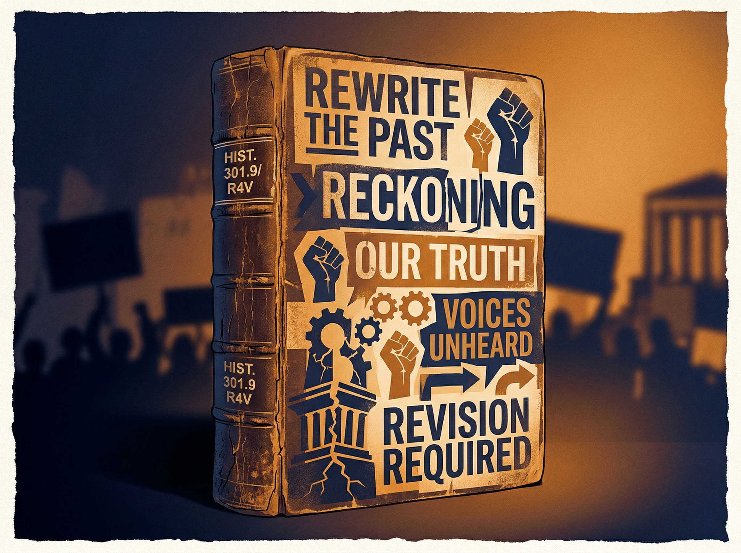 A cracked old classification book with reform symbols overlaid