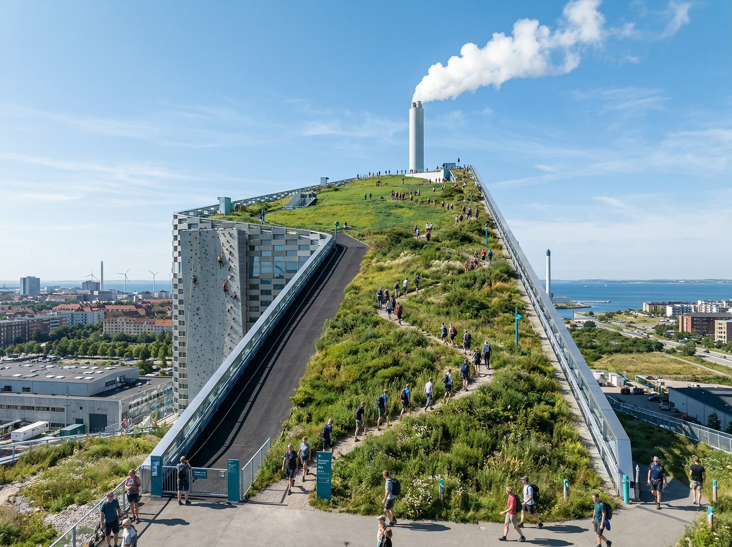 CopenHill waste-to-energy plant with its dramatic ski slope roof and hikers ascending through rooftop vegetation
