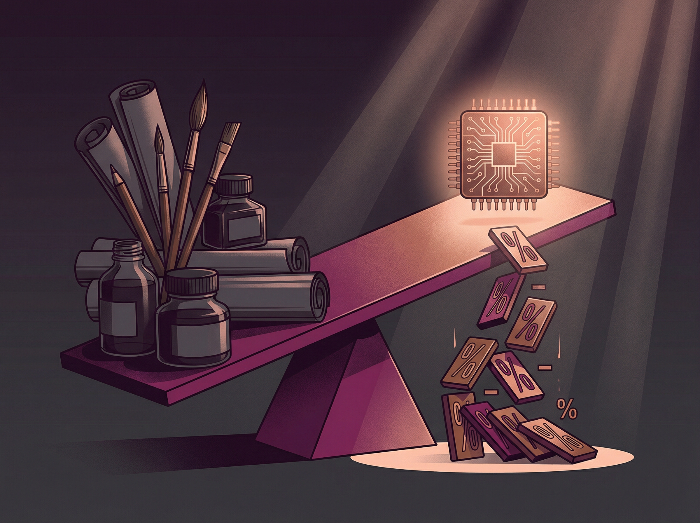 Seesaw balancing traditional art supplies against a glowing neural chip