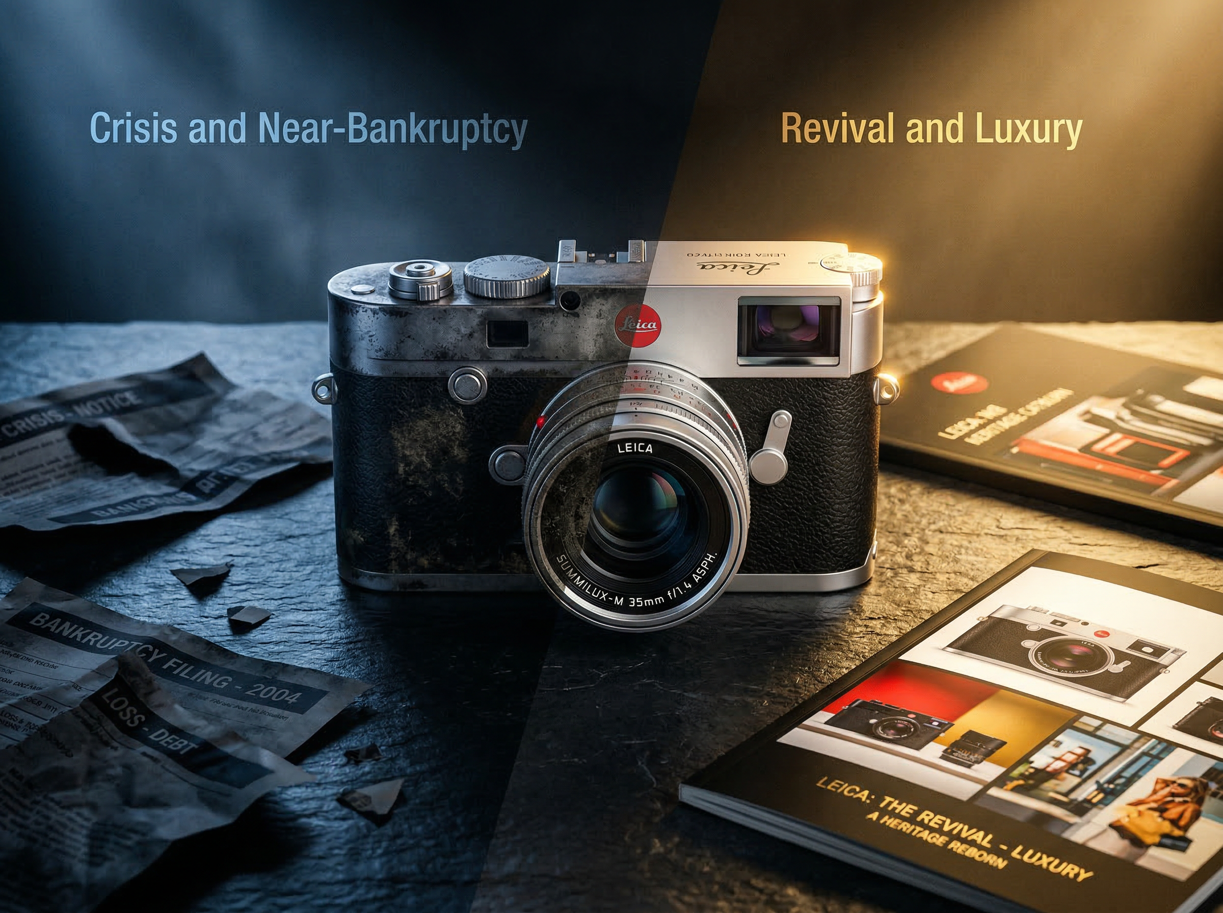 A Leica camera split-lit between cold shadow and warm golden light representing crisis and revival