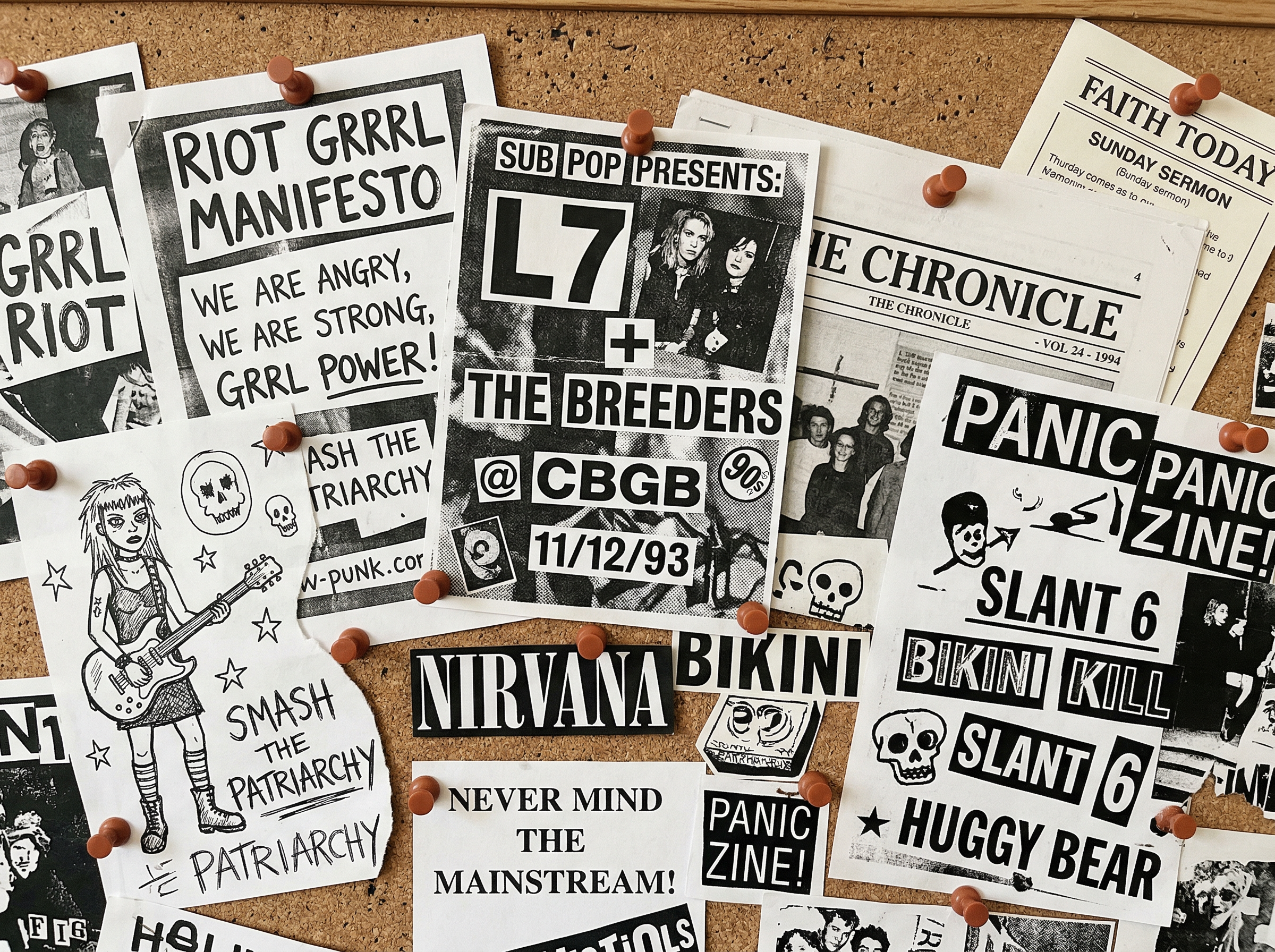 A vibrant collage of 1990s zine culture: punk flyers, Riot Grrrl manifestos, church bulletins, and DIY publications