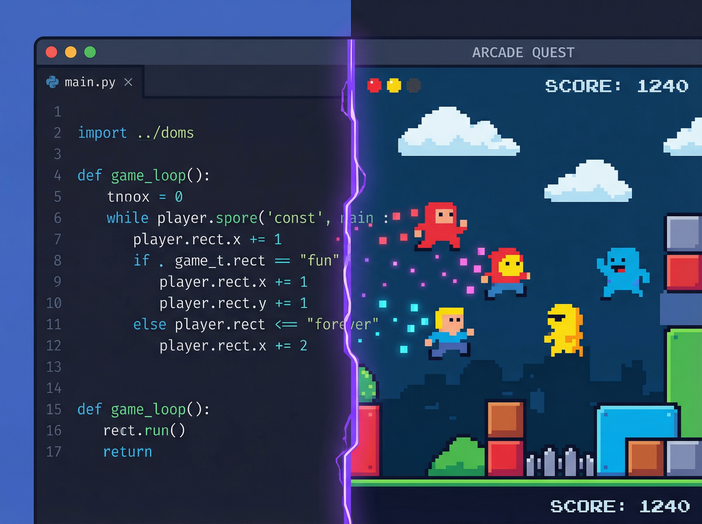 Code editor transforming into an arcade game in real-time, text flowing into pixel art characters