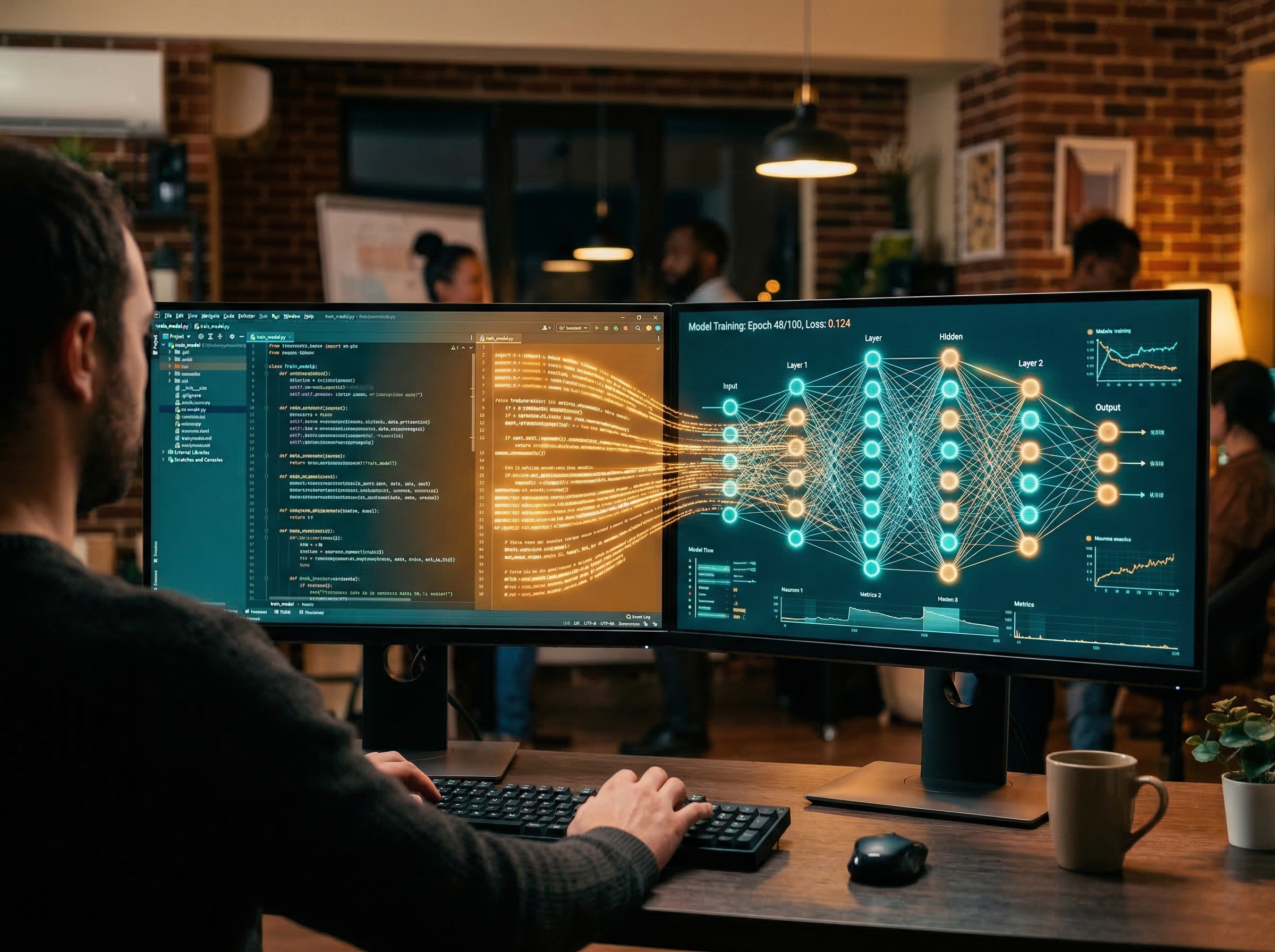 Split screen showing IDE and neural network training, connected by flowing code