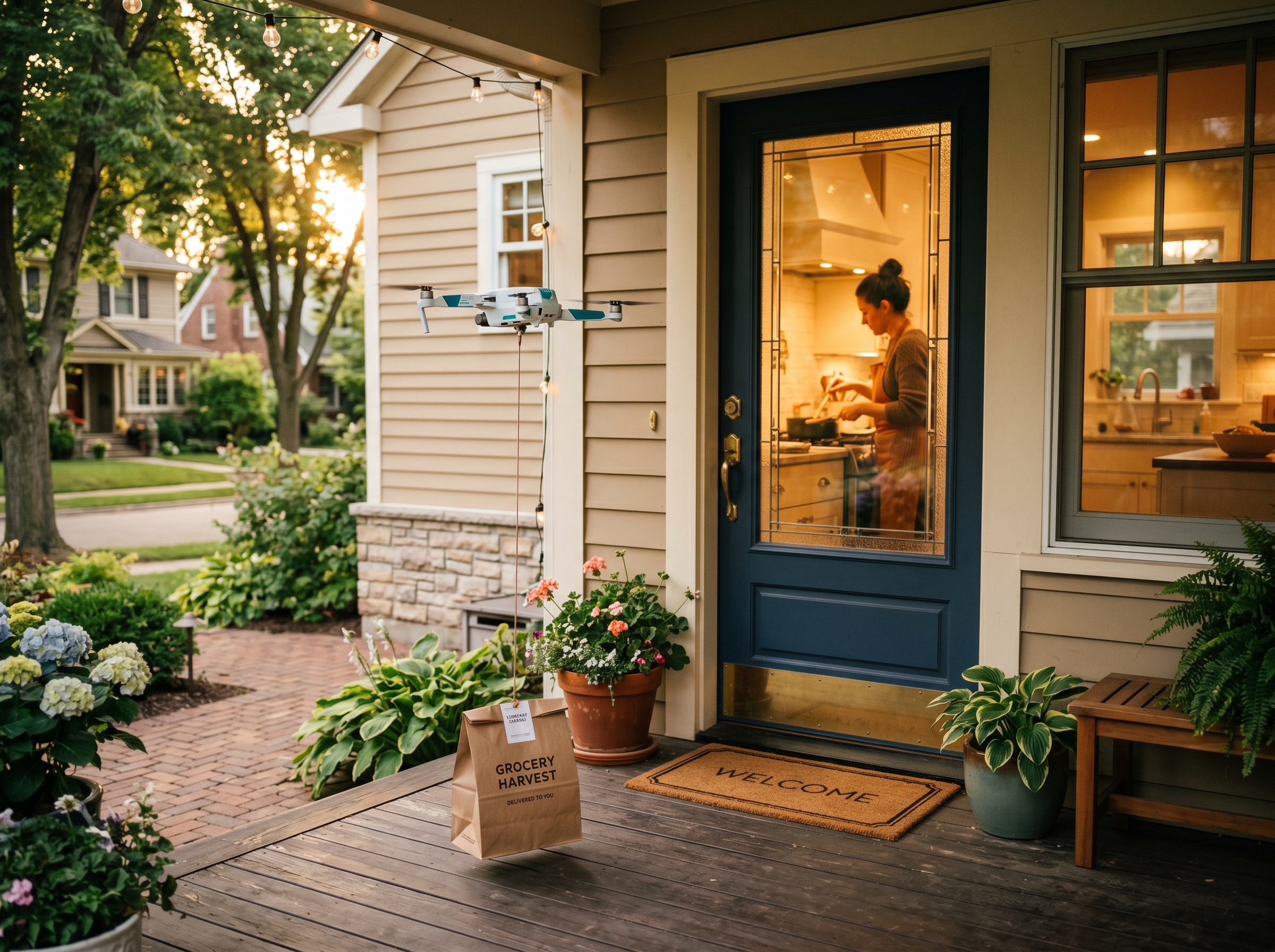 Drone lowering a paper bag to a suburban front porch at golden hour, person cooking visible through kitchen window