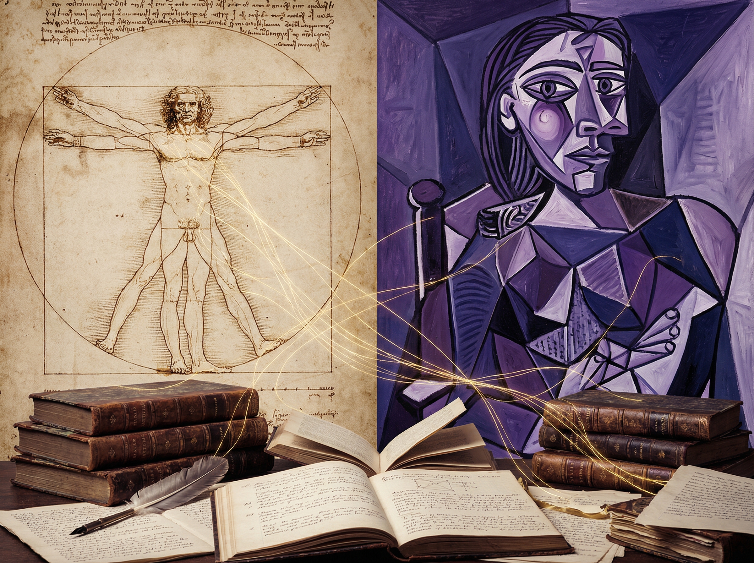 Split composition showing Da Vinci's Vitruvian Man and Picasso's cubist figure, scholarly books in foreground