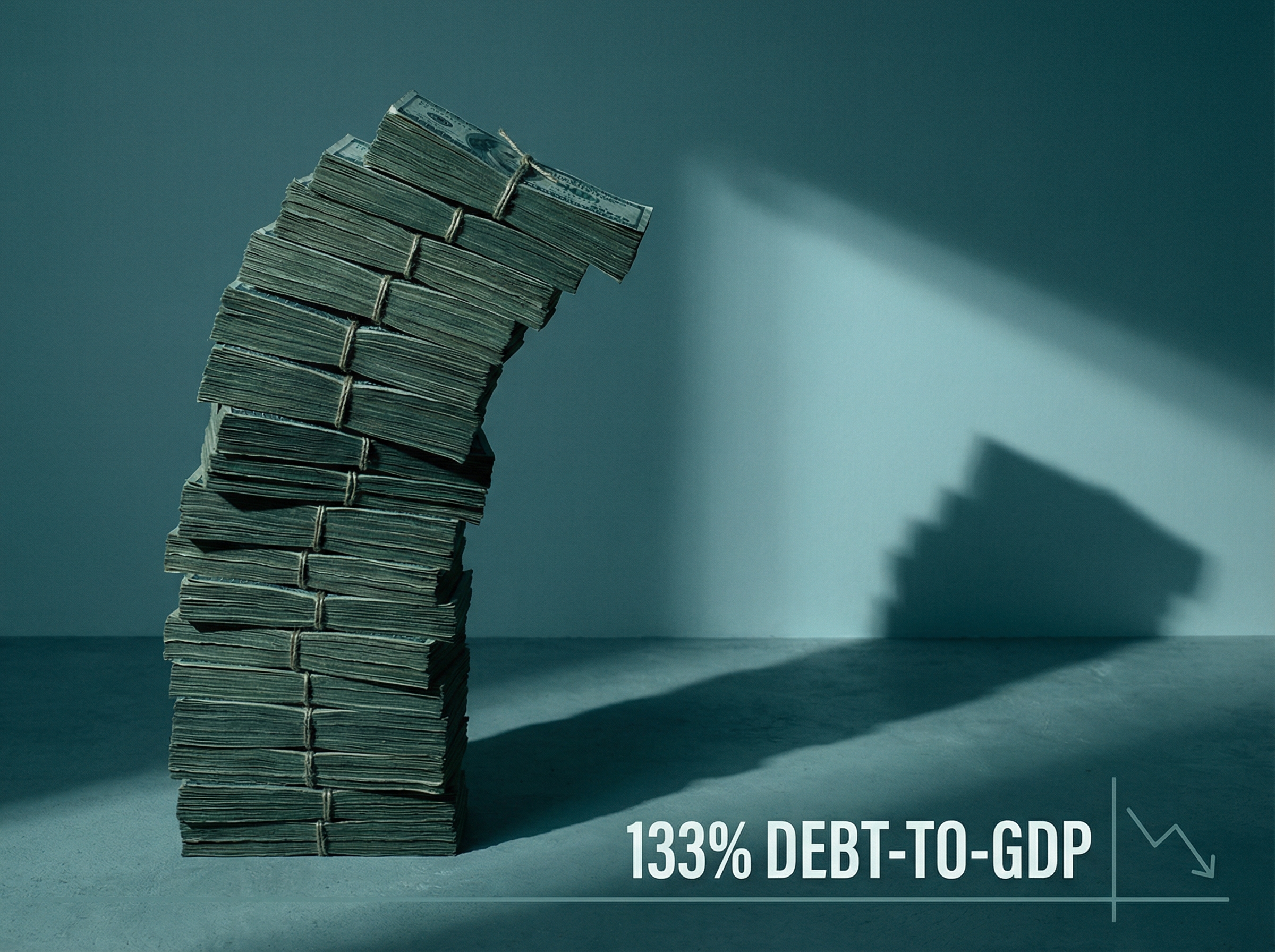Precarious tower of dollar bills with dramatic lighting, representing national debt