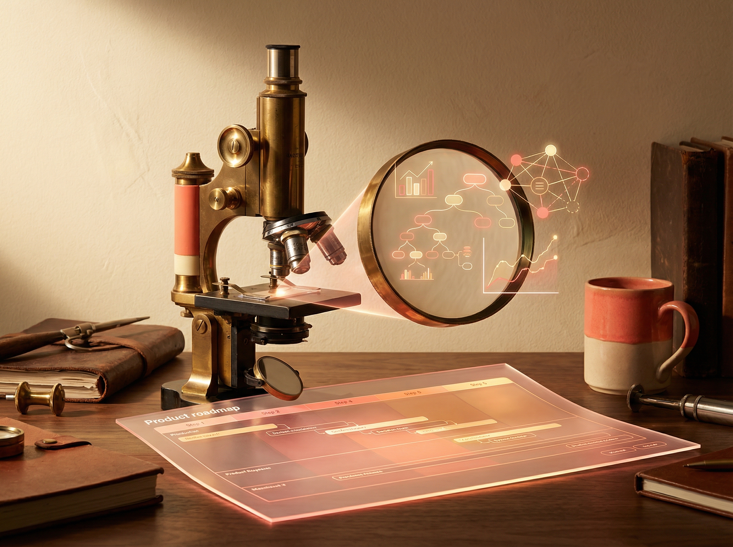 A microscope examining a product roadmap, symbolizing the PM-to-Decision-Scientist evolution