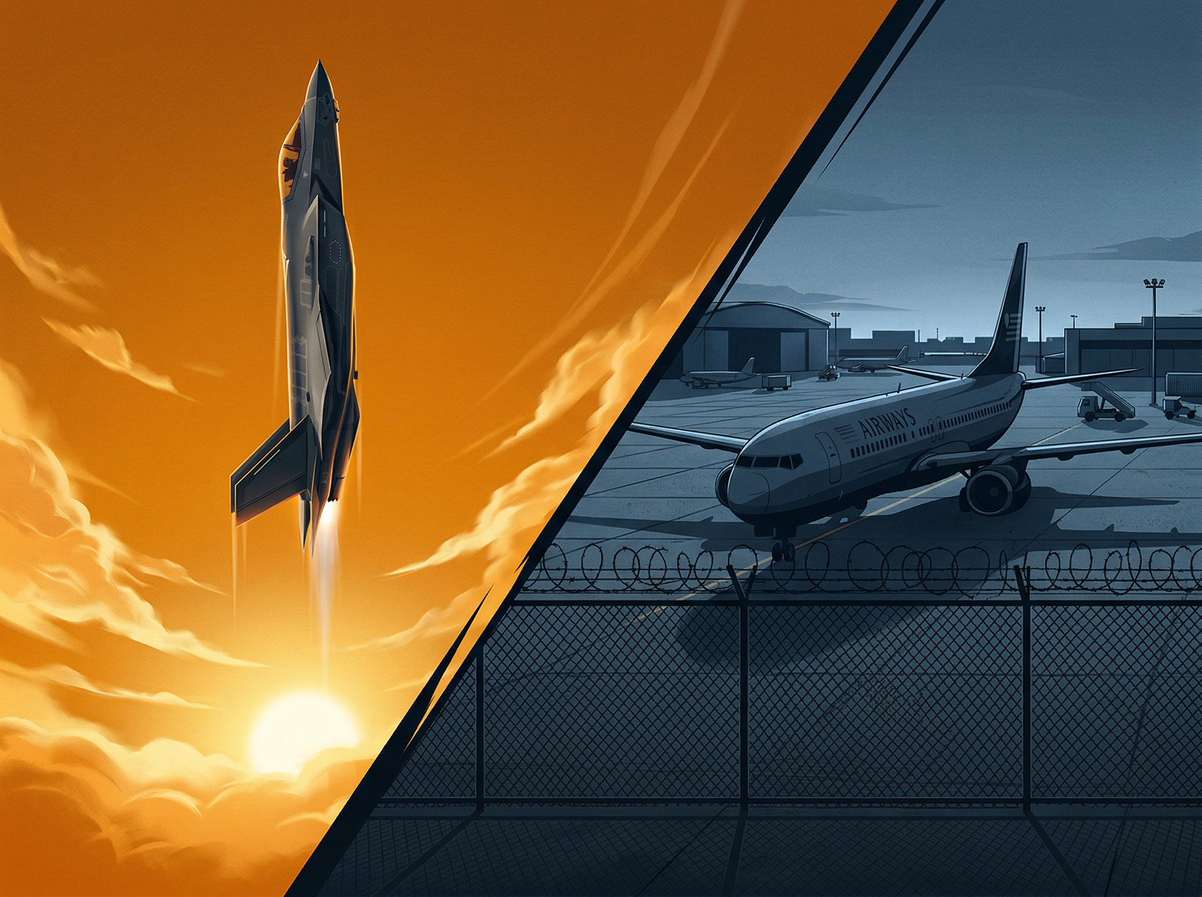 Split composition: a fighter jet ascending against amber sky on the left, a grounded commercial airplane behind a fence in blue shadow on the right