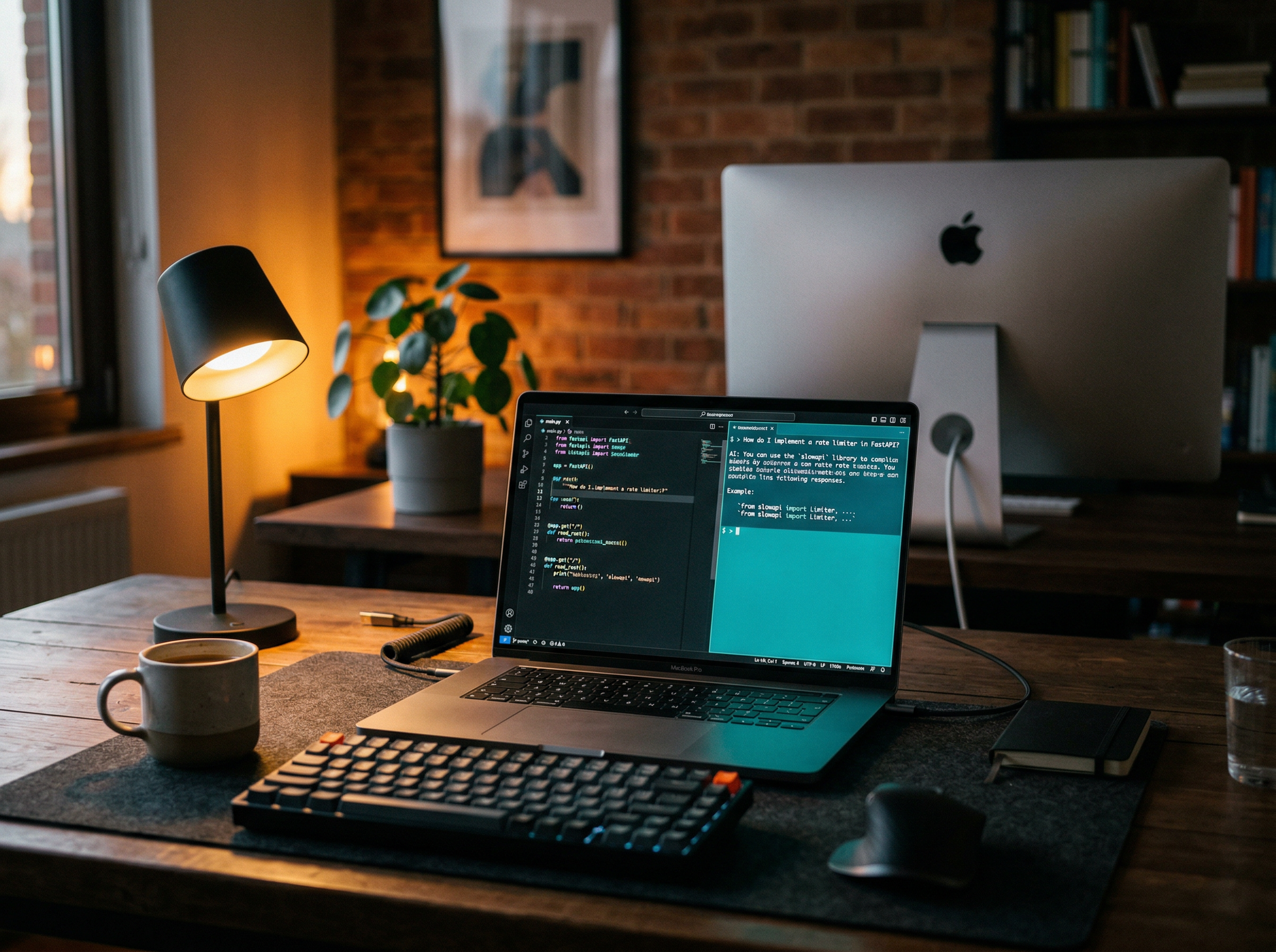 A developer's desk with warm lamp light contrasting with cool monitor glow, showing an AI coding session