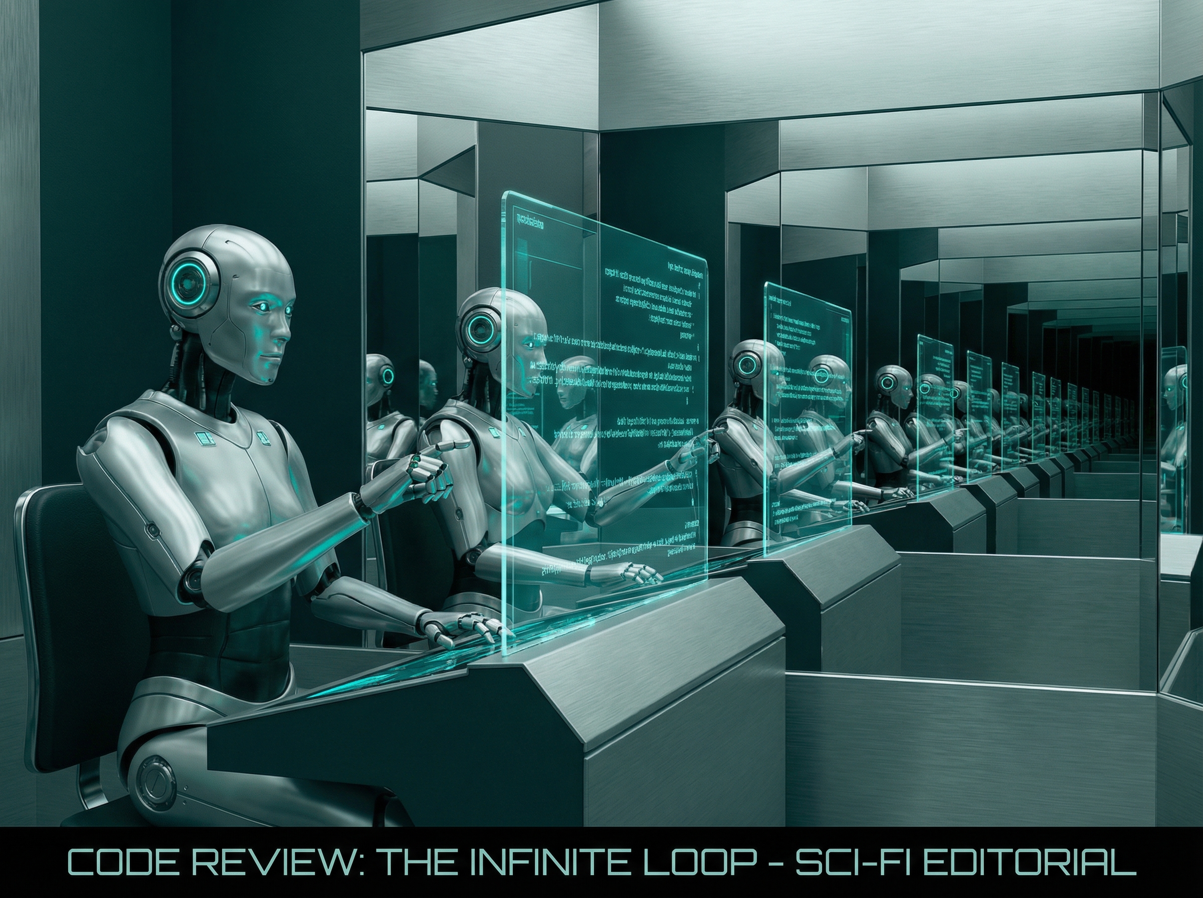 AI robot reviewing another AI's code on holographic display with hall of mirrors effect