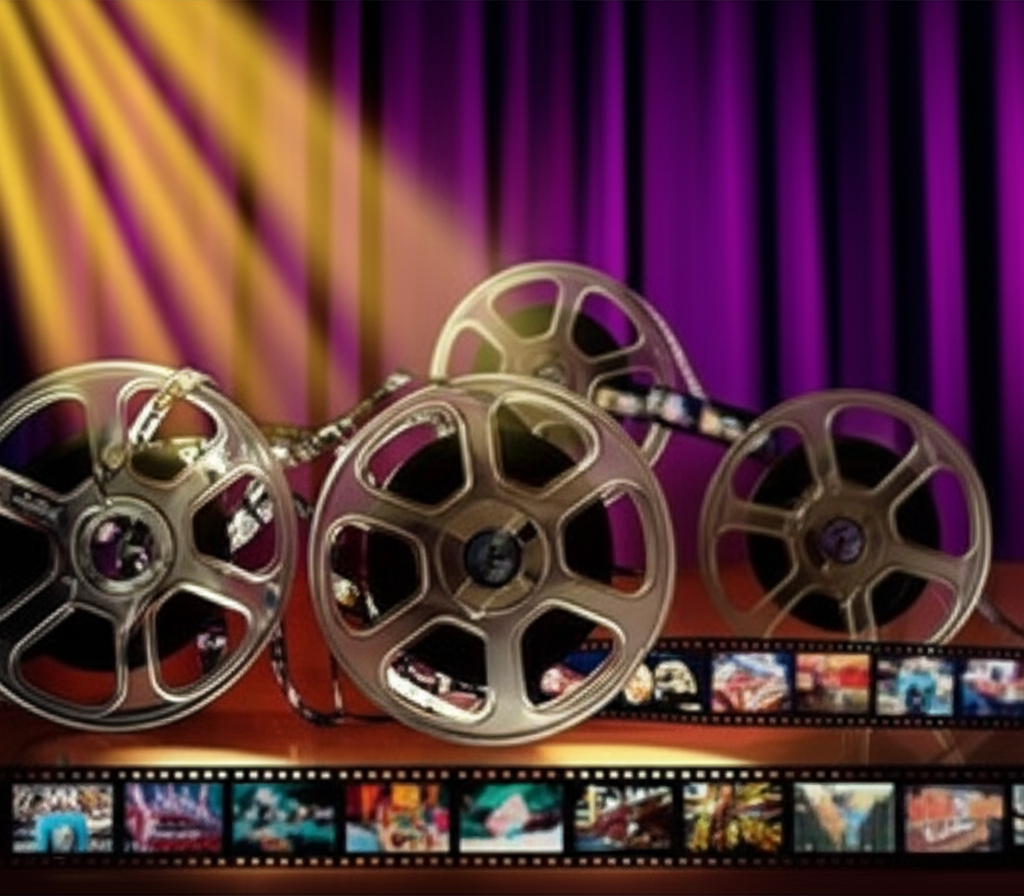 Film reels unspooling with glimpses of Las Vegas neon, gold spotlight beams through purple curtains, cinematic style