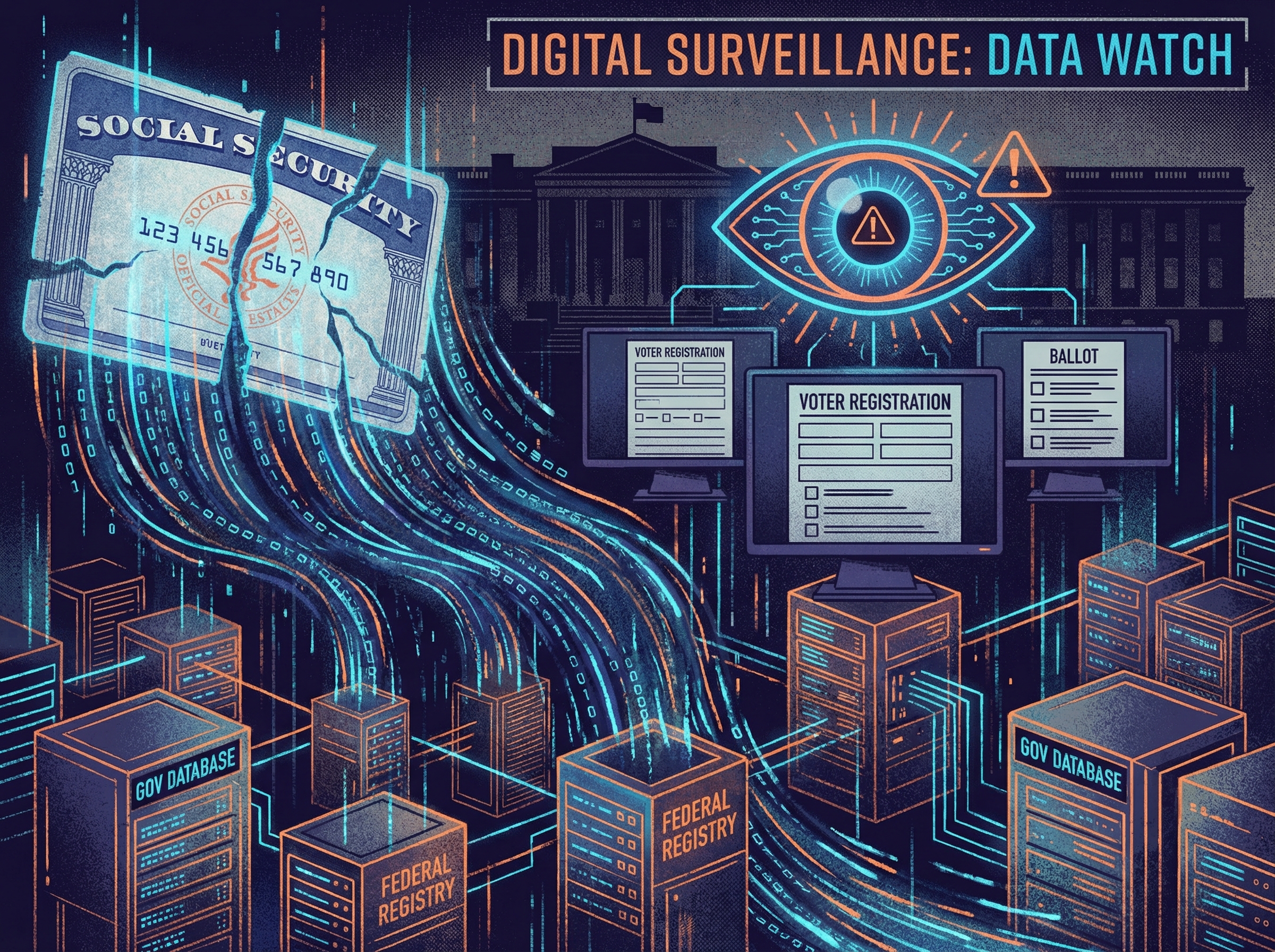 Digital surveillance imagery with Social Security data flowing through government databases