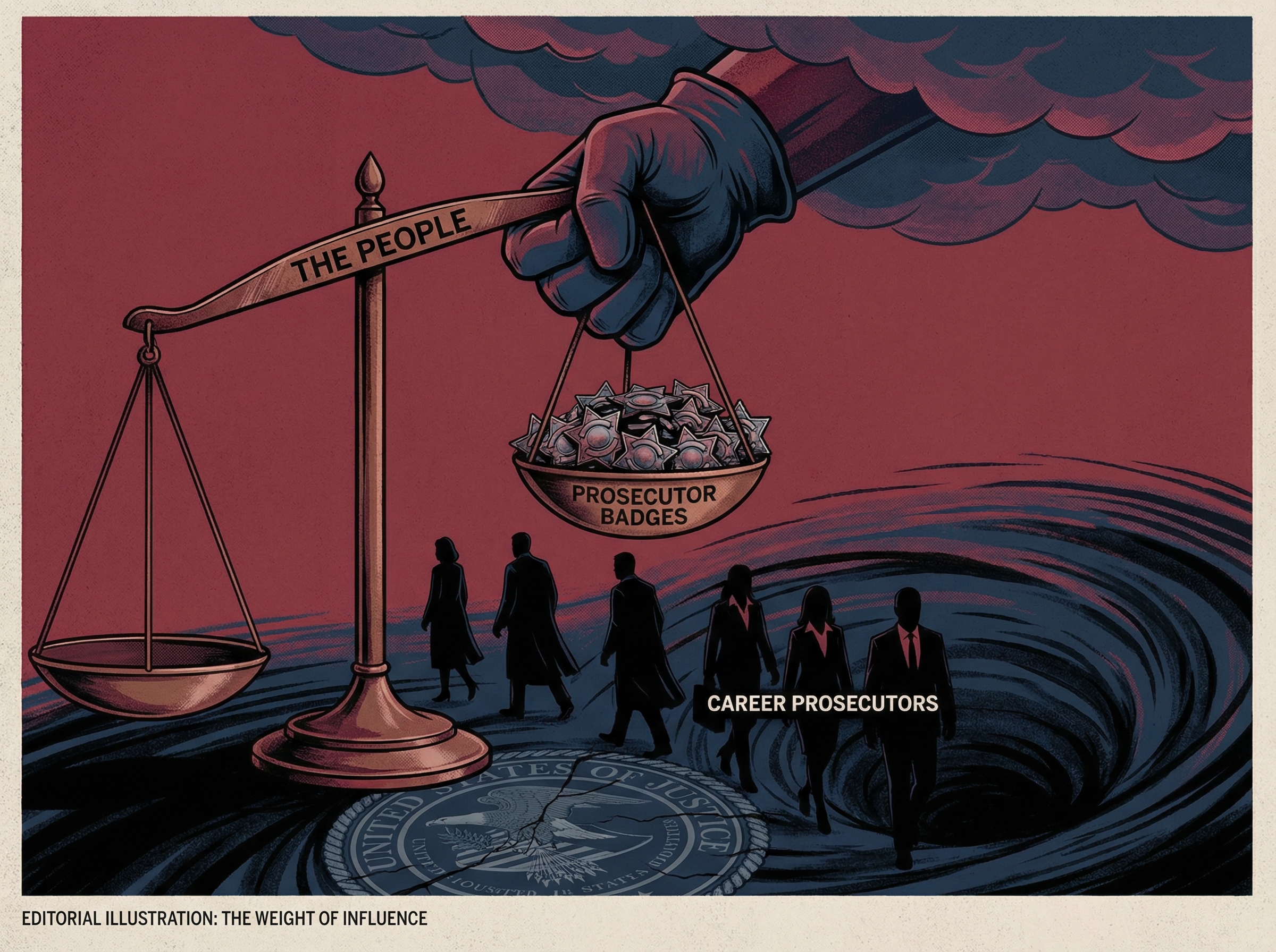 Scales of justice tipped by a giant hand, prosecutors walking away