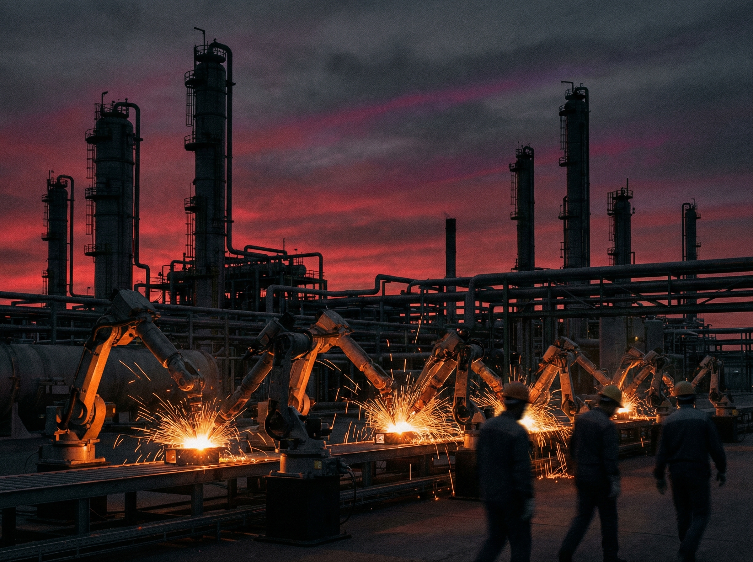 Chemical plant at twilight with robotic arms replacing human workers