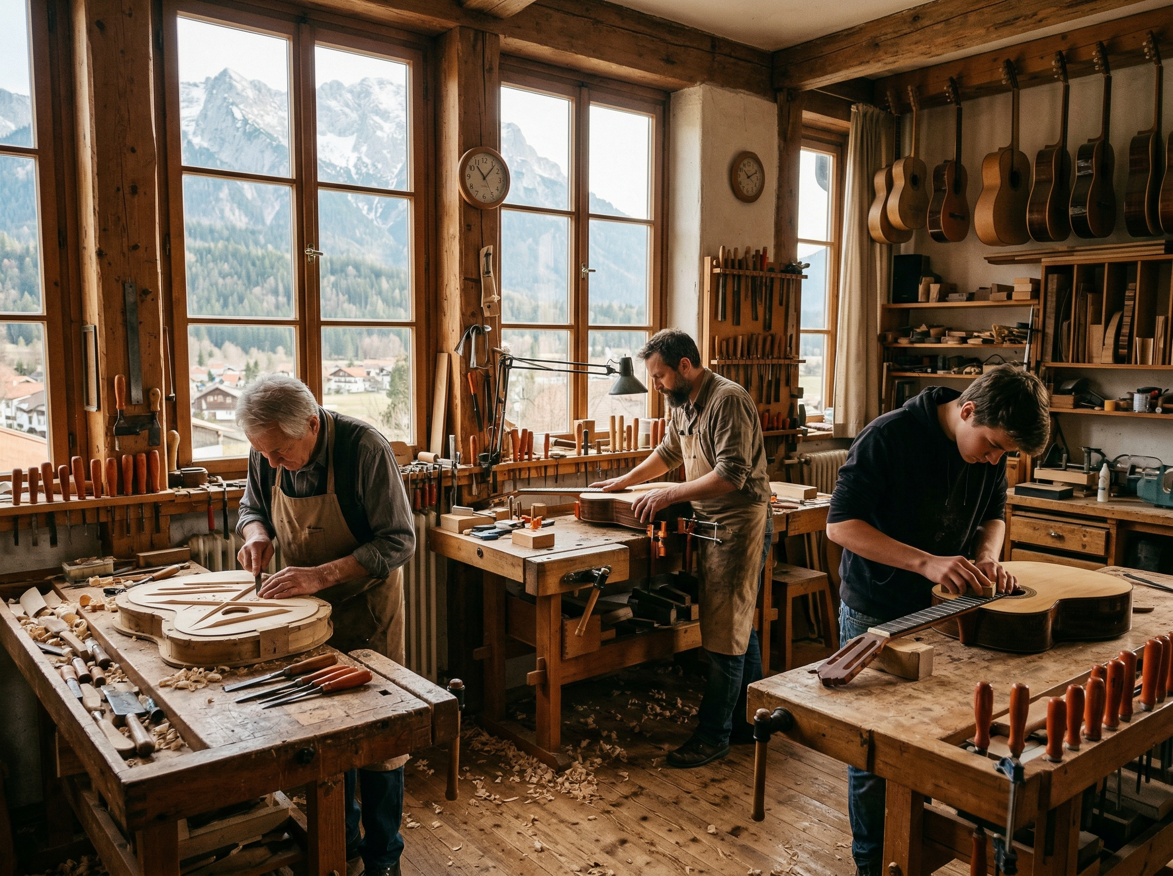 Multi-generational Bavarian luthier workshop with guitar construction in progress
