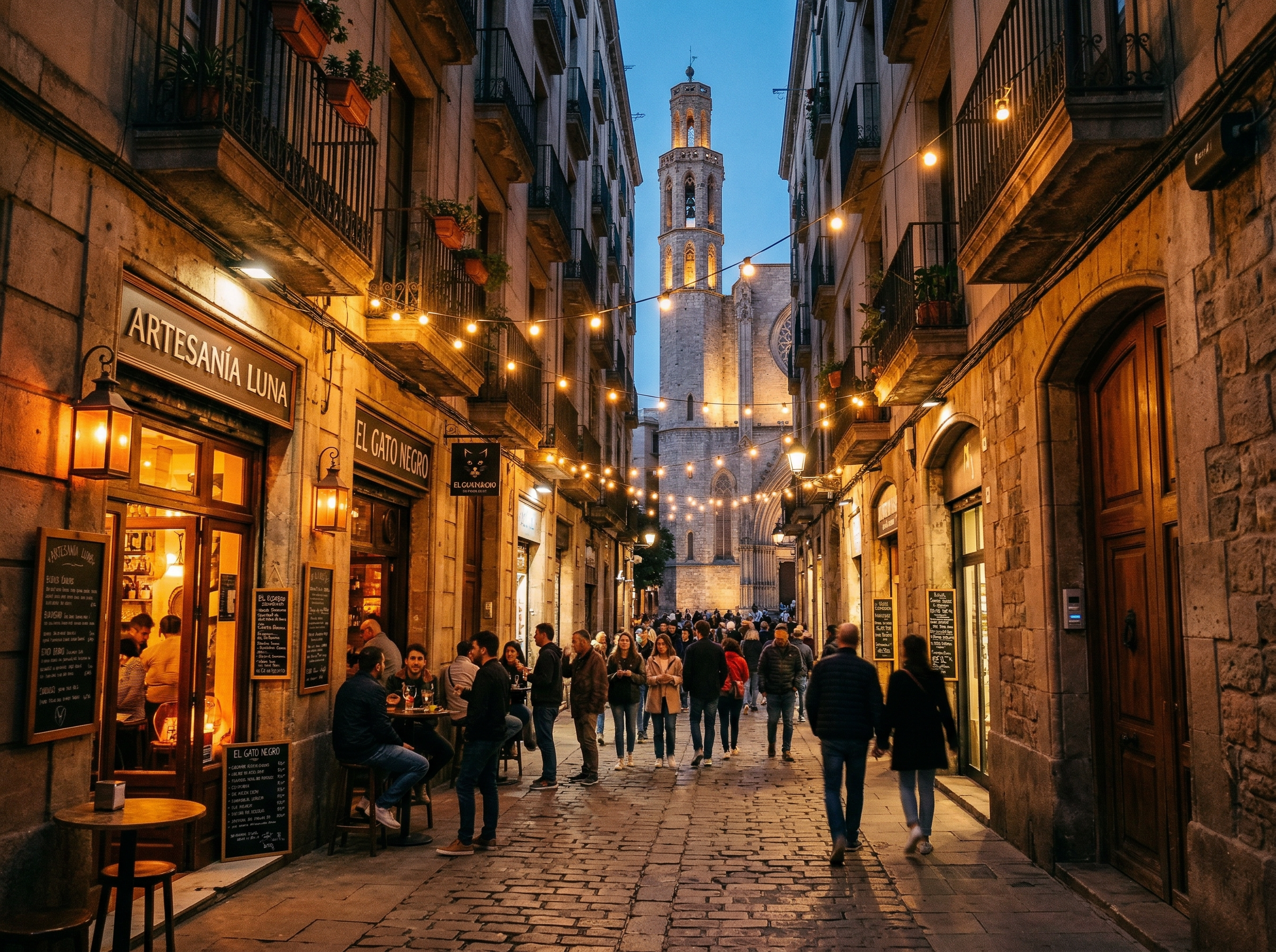 Charming narrow medieval street in El Born Barcelona at dusk with warm string lights and boutique shops