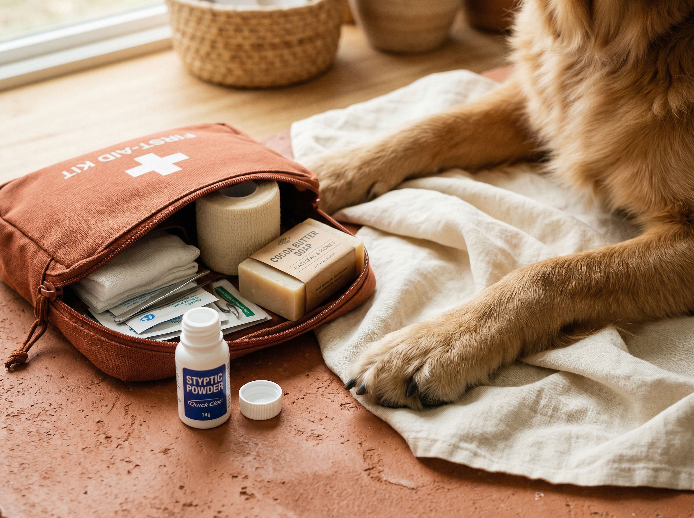 A small first-aid kit with styptic powder and soap, arranged next to a dog's paw