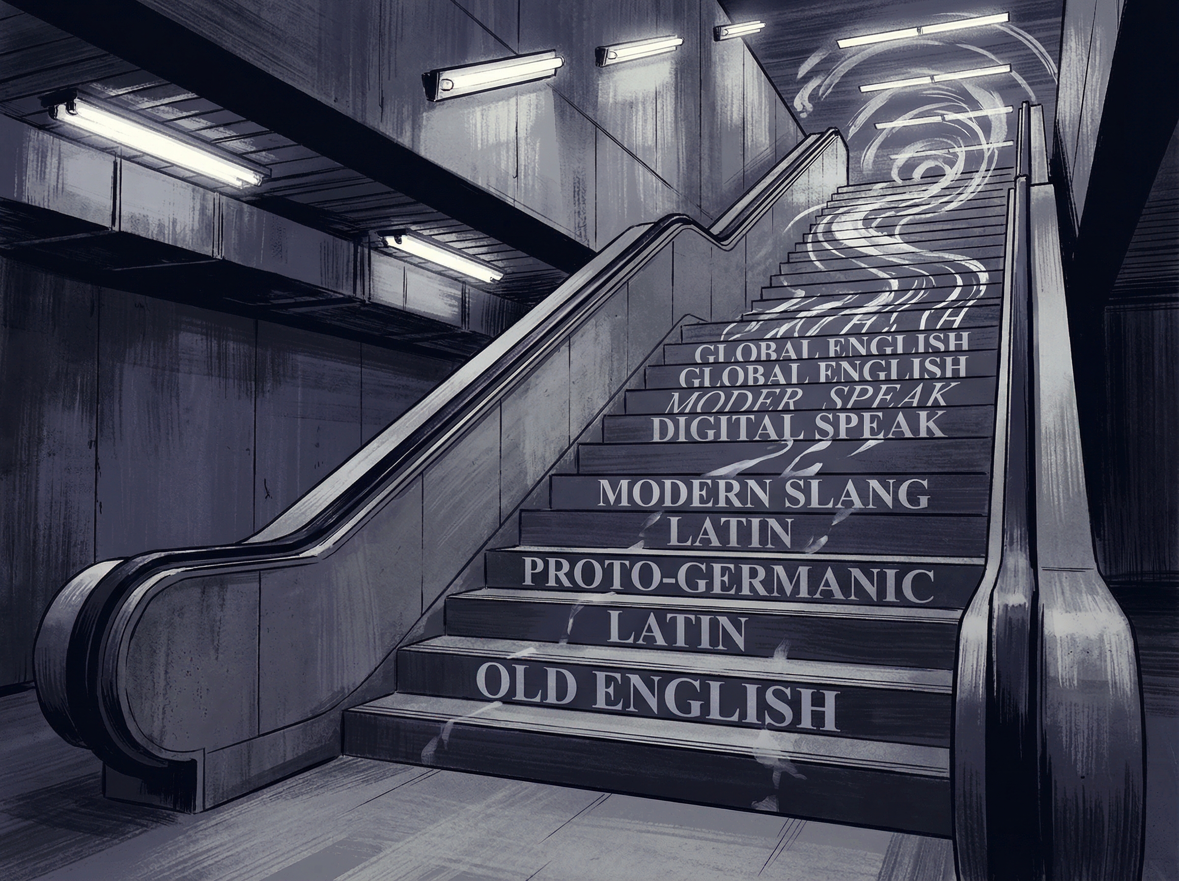 Escalator ascending with words fading as they rise