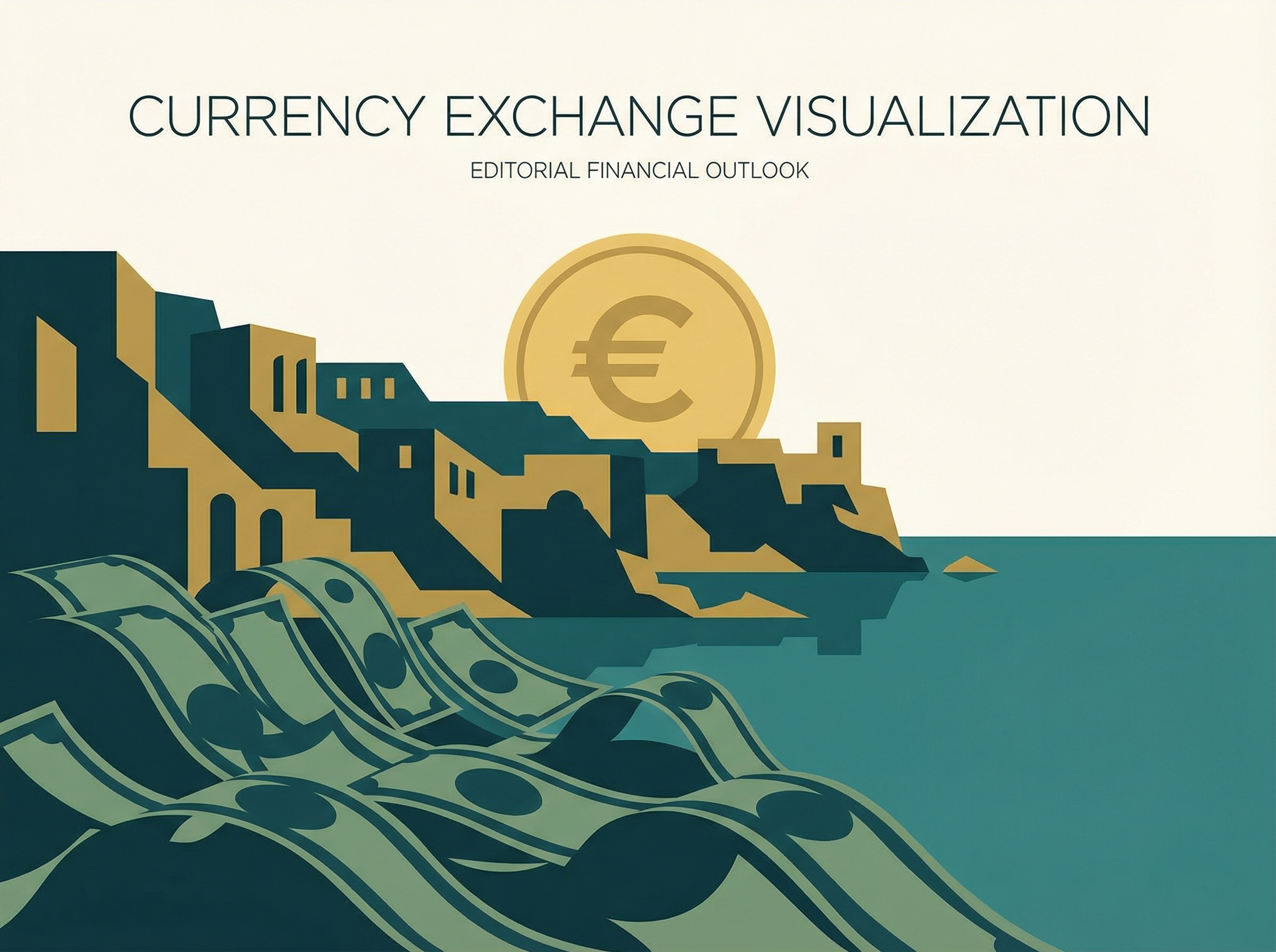 Abstract currency visualization with Euro rising like sun over Mediterranean coastline