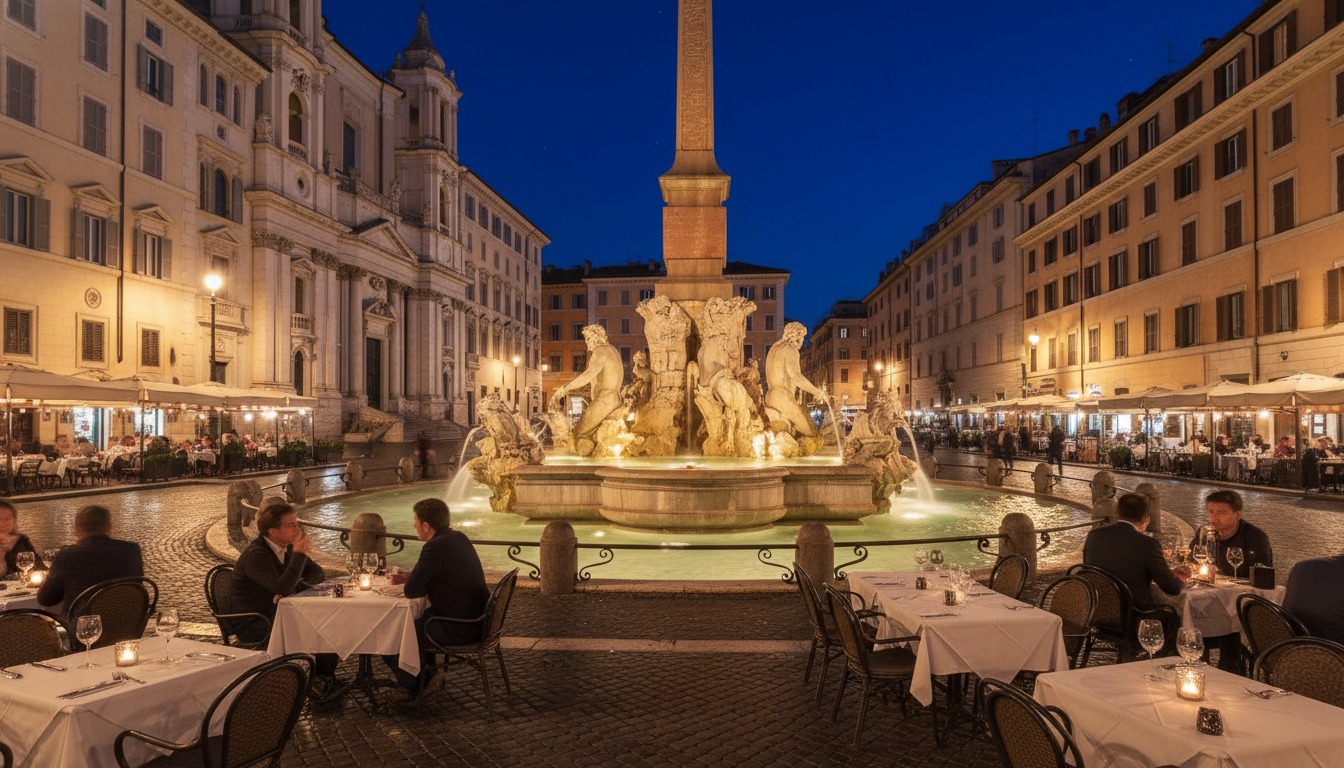 Rome's Piazza Navona at night with Bernini's Four Rivers Fountain illuminated