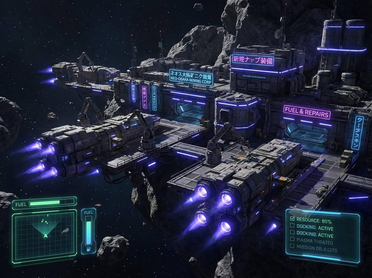 Industrial asteroid mining station with neon signs