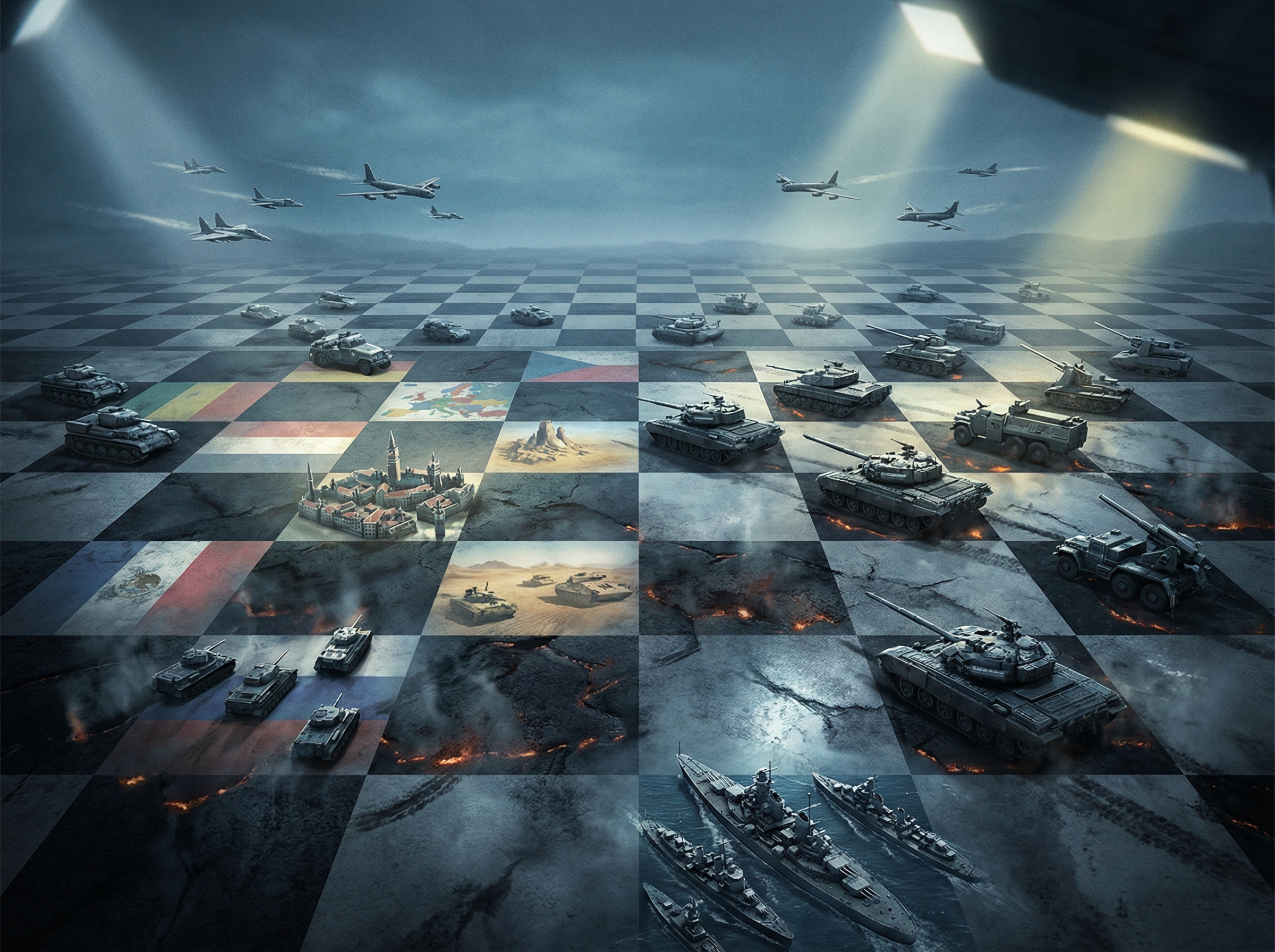 A chess board at dramatic low angle with military formations replacing pieces, advancing across squares representing different nations