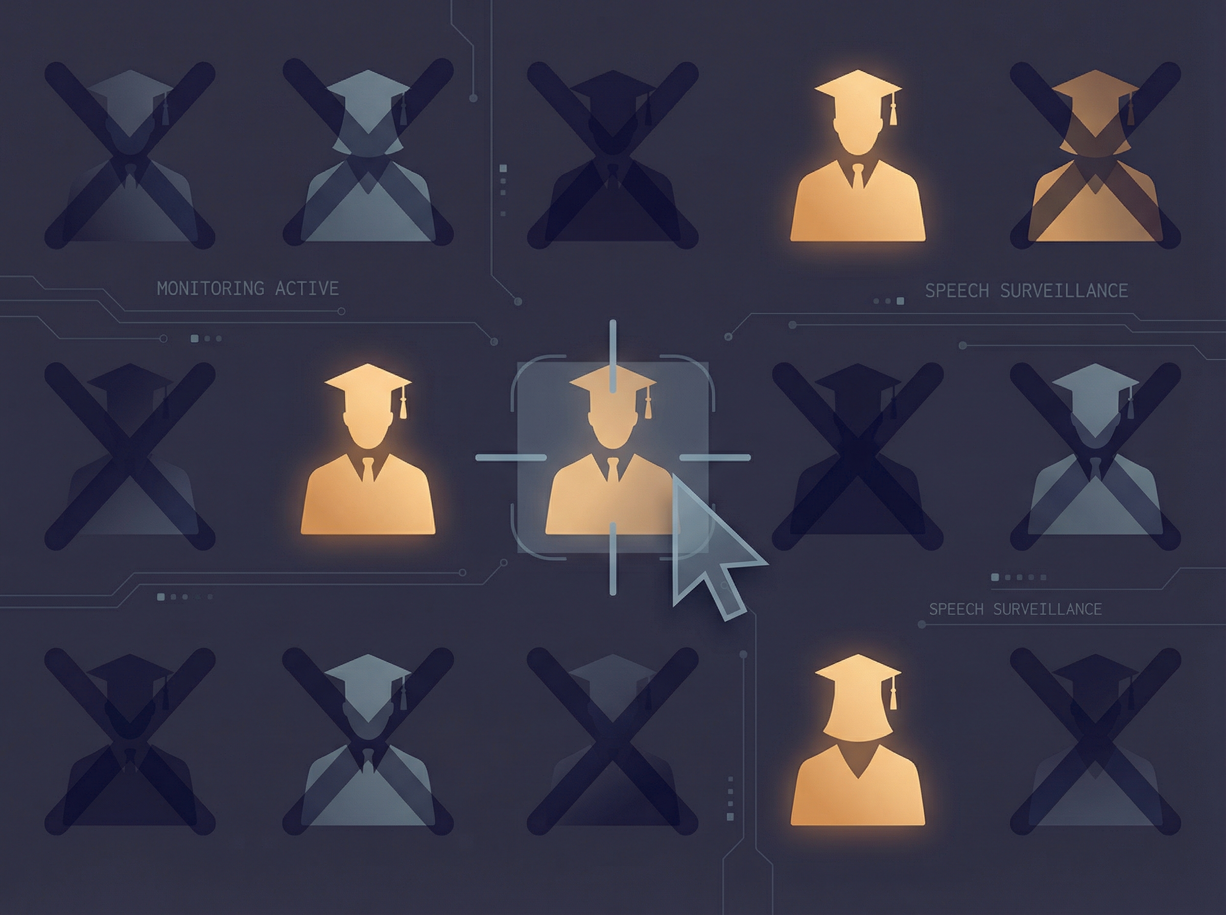 Editorial illustration of professor silhouettes in a grid pattern with some crossed out and a cursor hovering over the display
