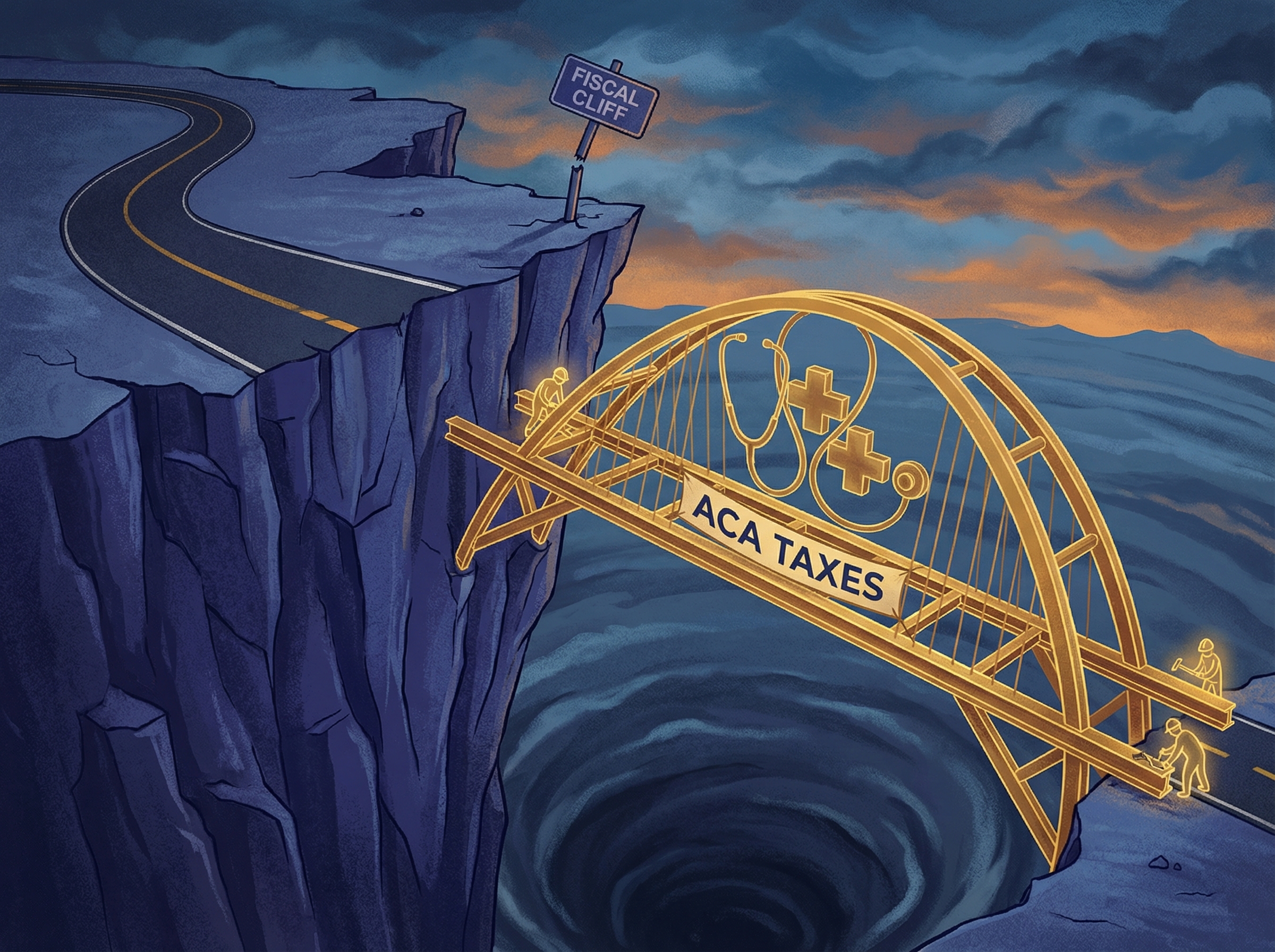 Dramatic cliff edge with a narrow bridge being hastily constructed, healthcare symbols woven into the structure