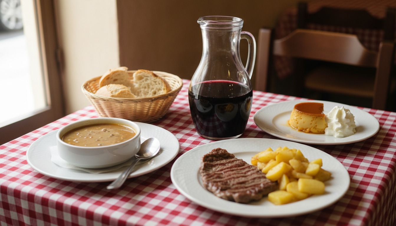 Spanish menu del dia lunch spread with three courses, wine carafe, and crusty bread at a traditional Madrid restaurant