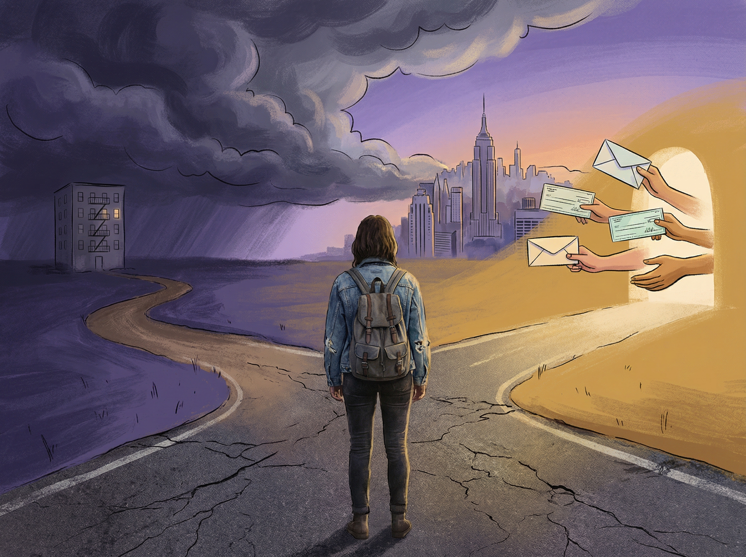 Young person at crossroads with supportive hands extending from one path