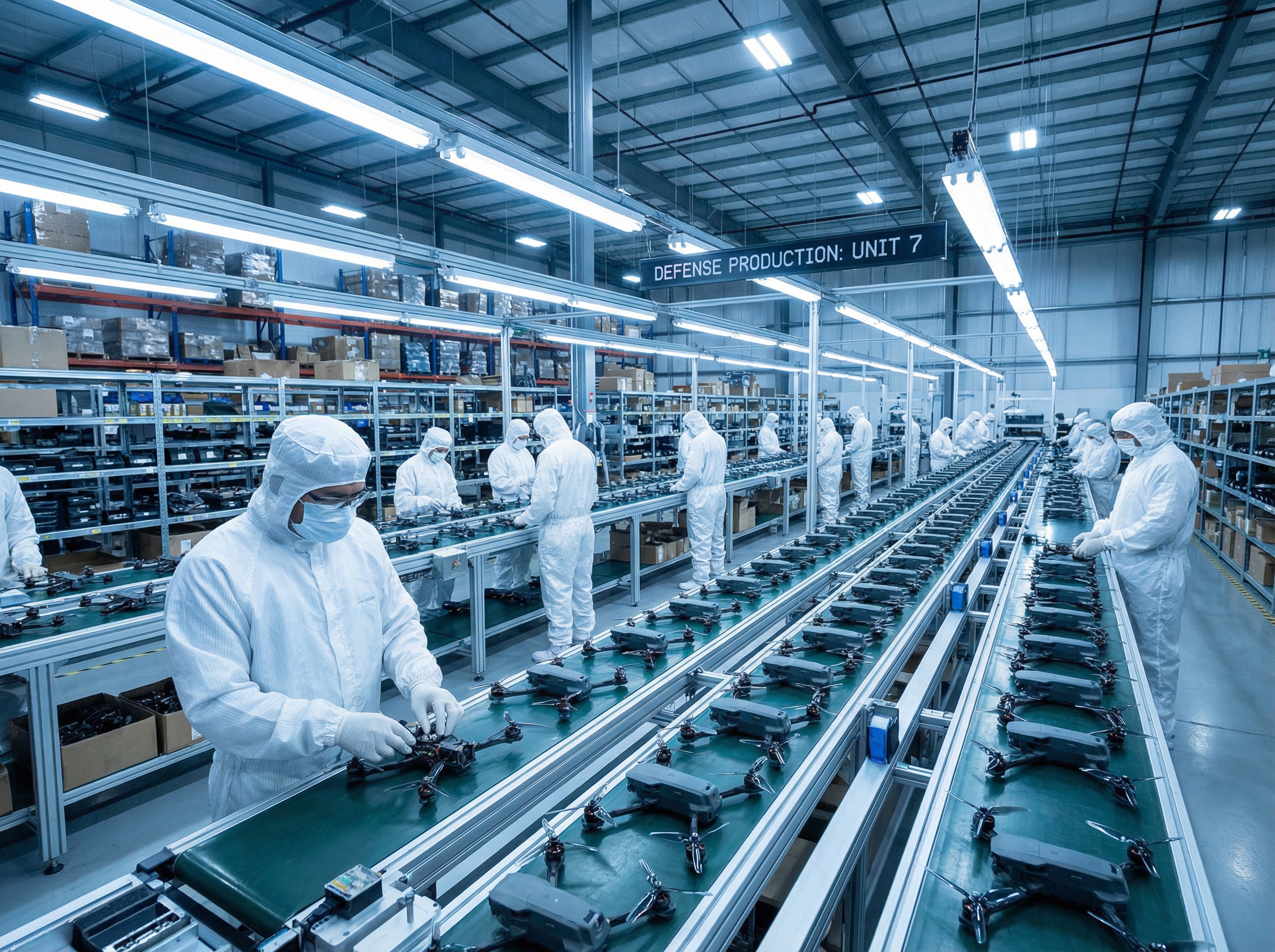 Industrial production line manufacturing hundreds of small FPV military drones at scale