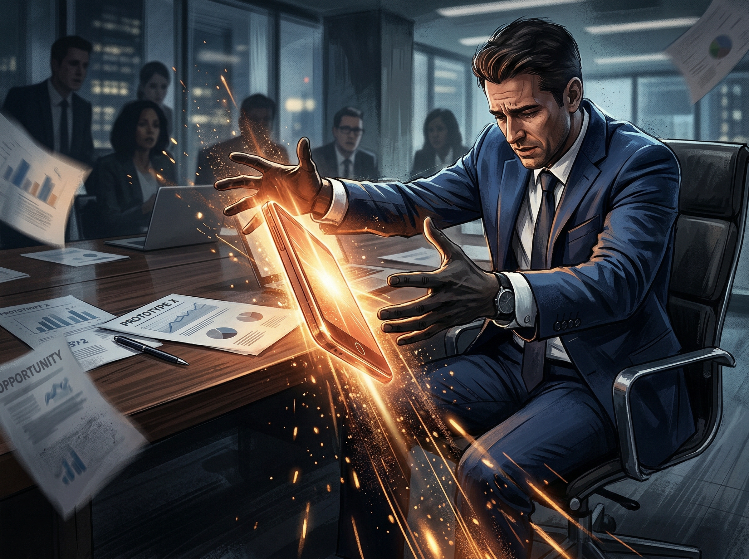 A golden computer prototype slipping through corporate hands, light scattering as it falls