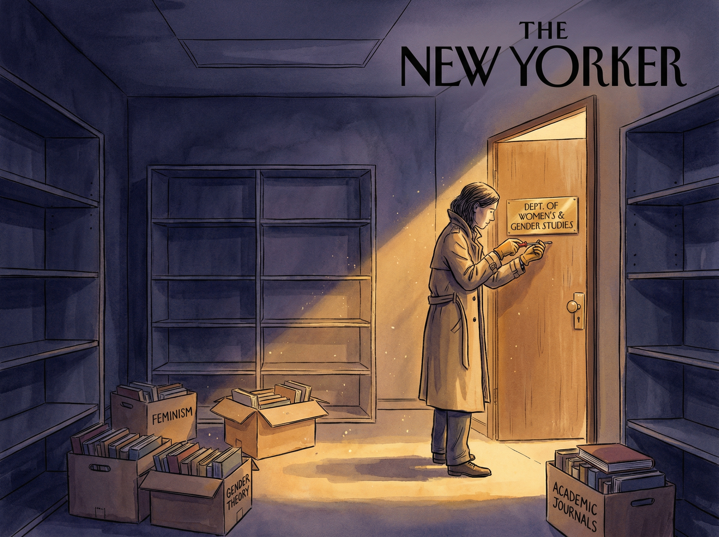 University department office being dismantled, bookshelves emptied, door nameplate being unscrewed