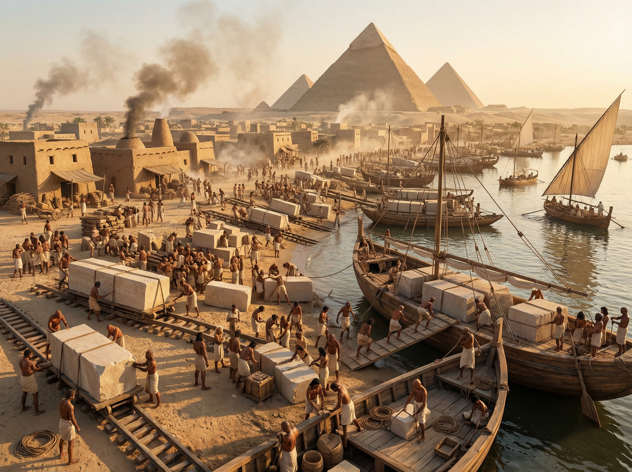 Reconstruction of ancient Egyptian harbor at Giza with stone-laden boats and the Great Pyramid in background