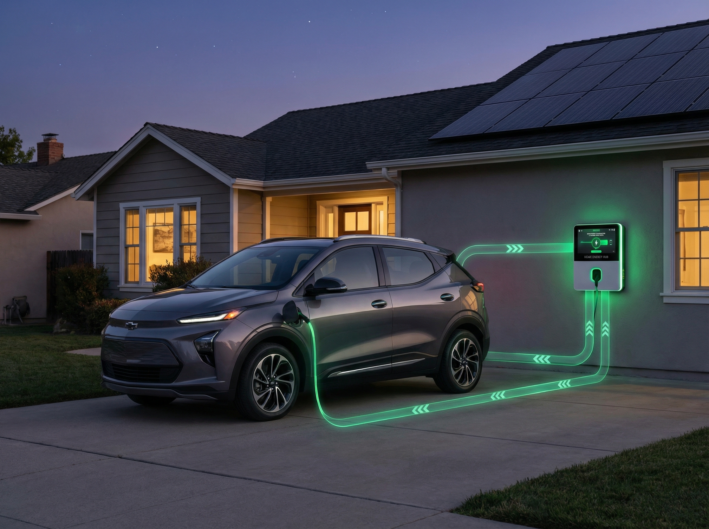Electric vehicle plugged into home with bidirectional energy flow visualization